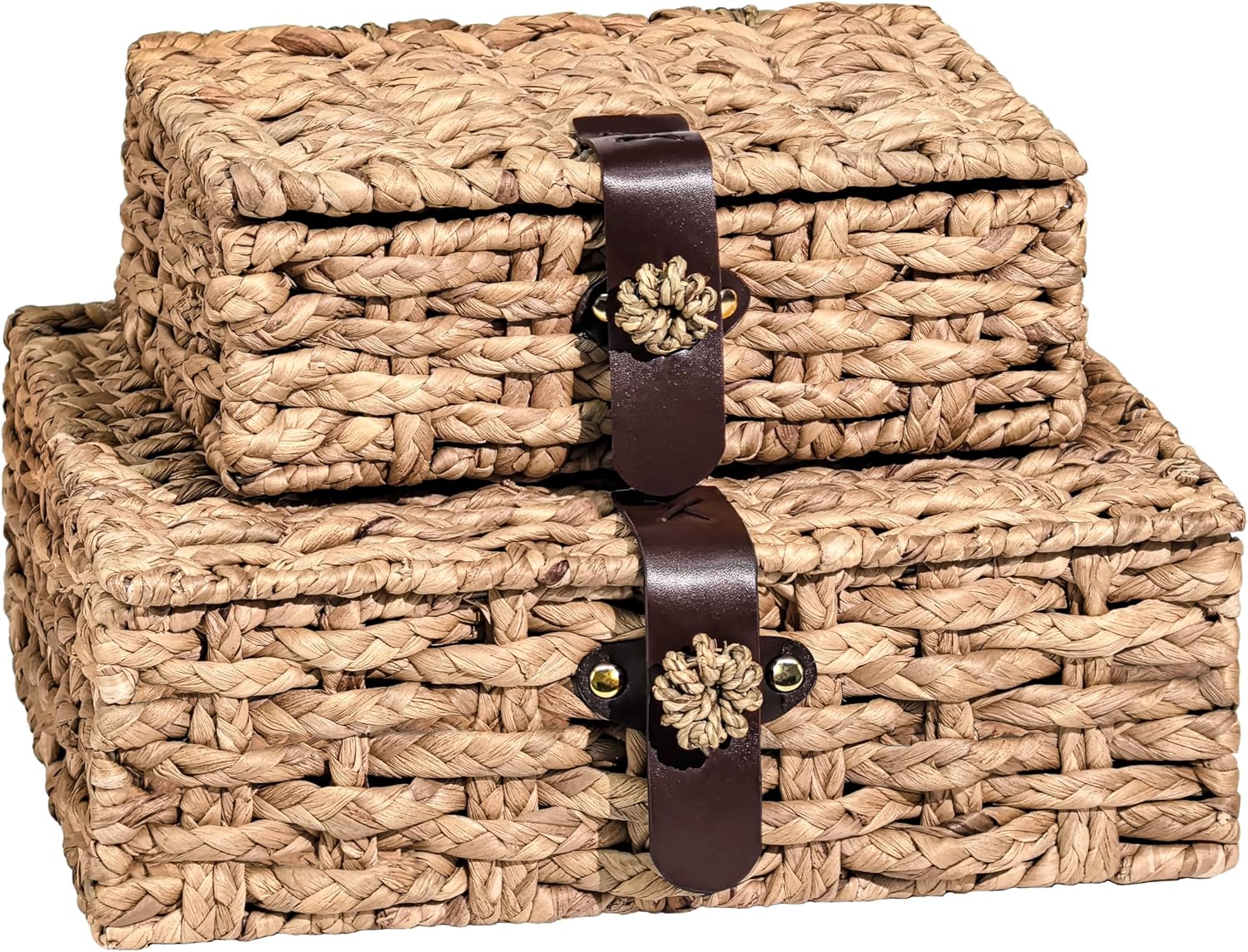 Set of 2 Wicker Storage Basket, Decorative Box with Lid, Water Hyacinth