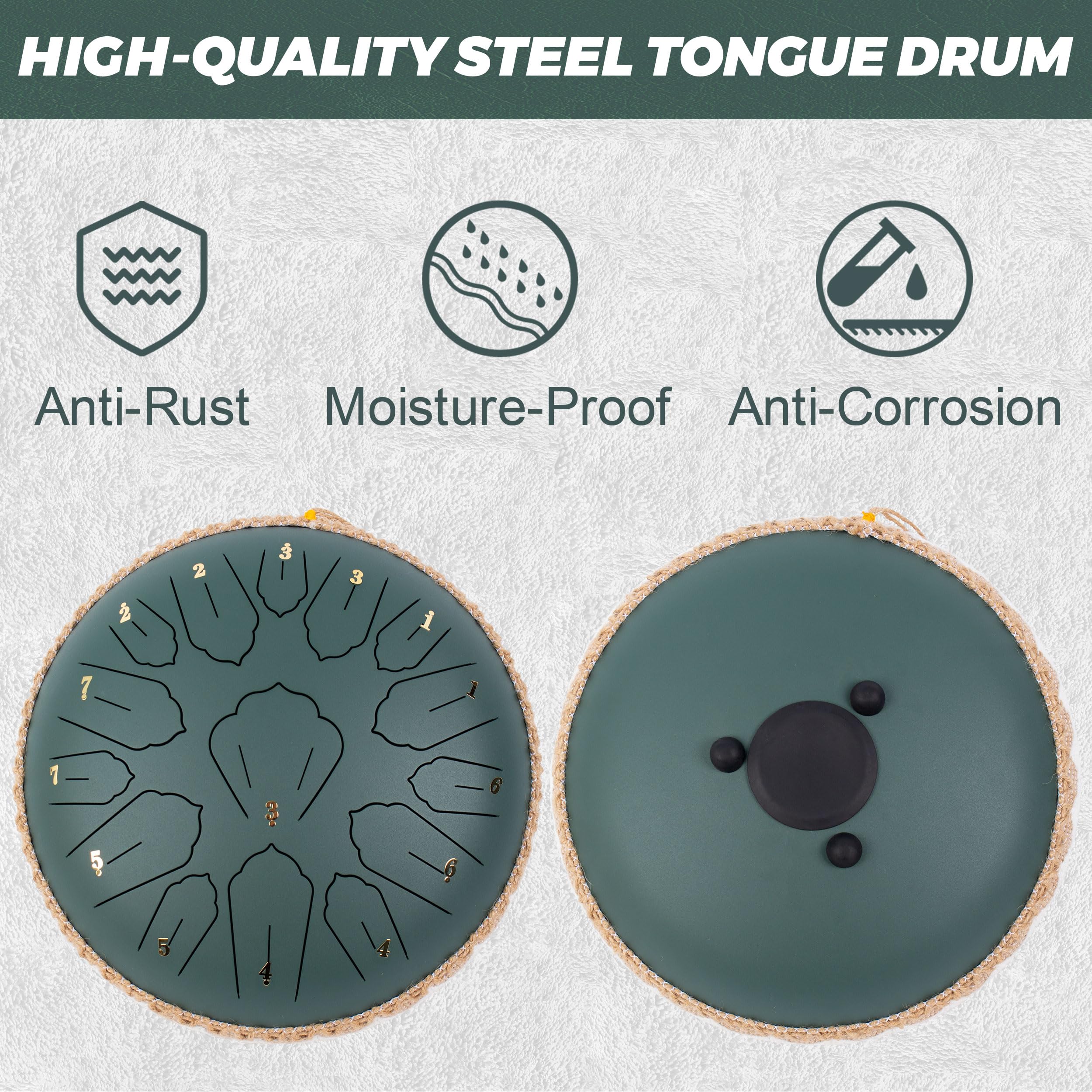 Steel Tongue Drum C Majeur, 12 Pouces 30cm 15 Notes Tambour à Langue, Handpan pour la Guérison par Le Son, la Méditation, L'éducation Musicale et le Yoga, Hand Pan comme Cadeau, Vert