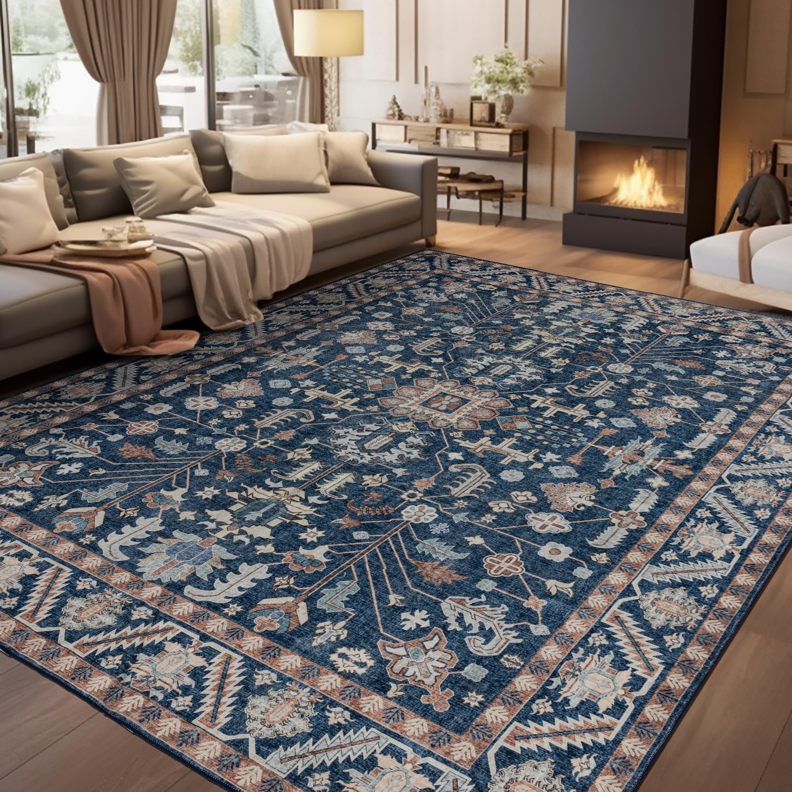 Brevonox Area Rug for Living Room: 5x7 Washable Vintage Rug for Bedroom Dinning Room Floor - Soft Indoor Low-Pile Thin Carpet Non-Slip - Deep Blue
