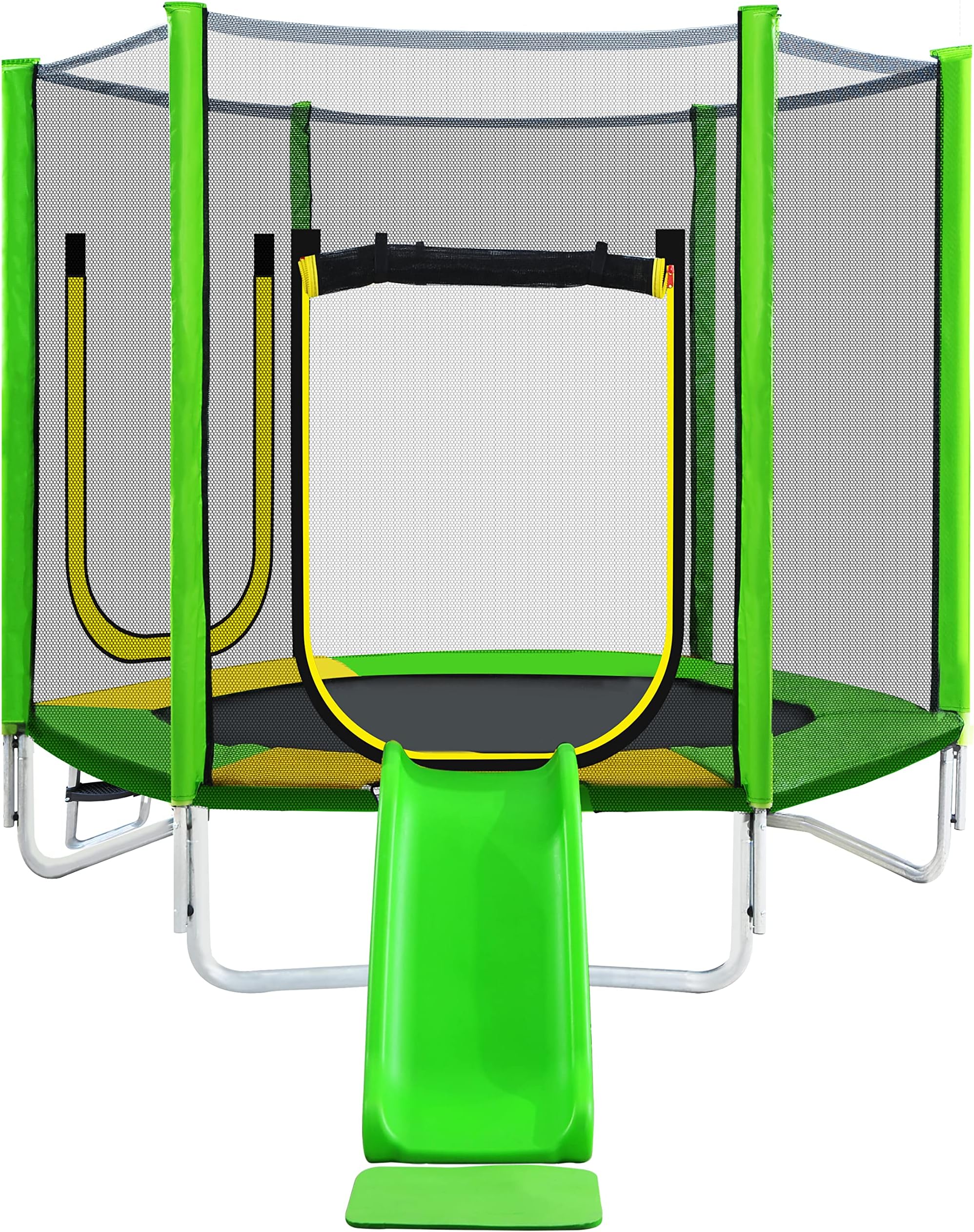Hexagonal 7ft Kids Trampoline with Slide, LTGB Safety Enclosure Net, Spring Pad, Zipper and Ladder, Heavy Duty Steel Frame for Indoor and Outdoor Use, Green【UK Fast Delivery】