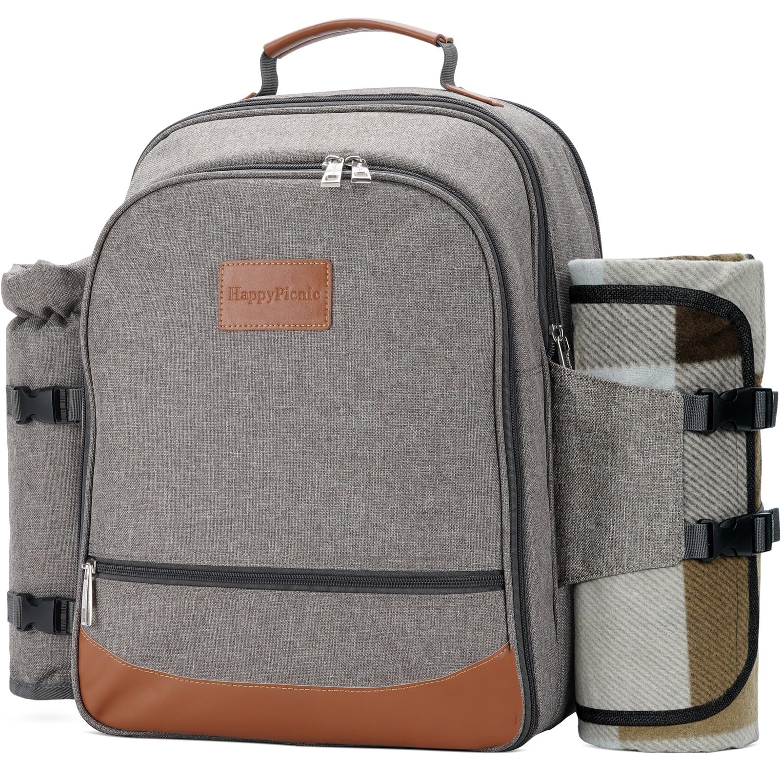 HappyPicnic Mochila de Picnic aislada para 4 Personas con Juego Completo de vajillas, Compartimento de Nevera Muy Espacioso, portabotellas y Alfombra de Picnic Impermeable Grande