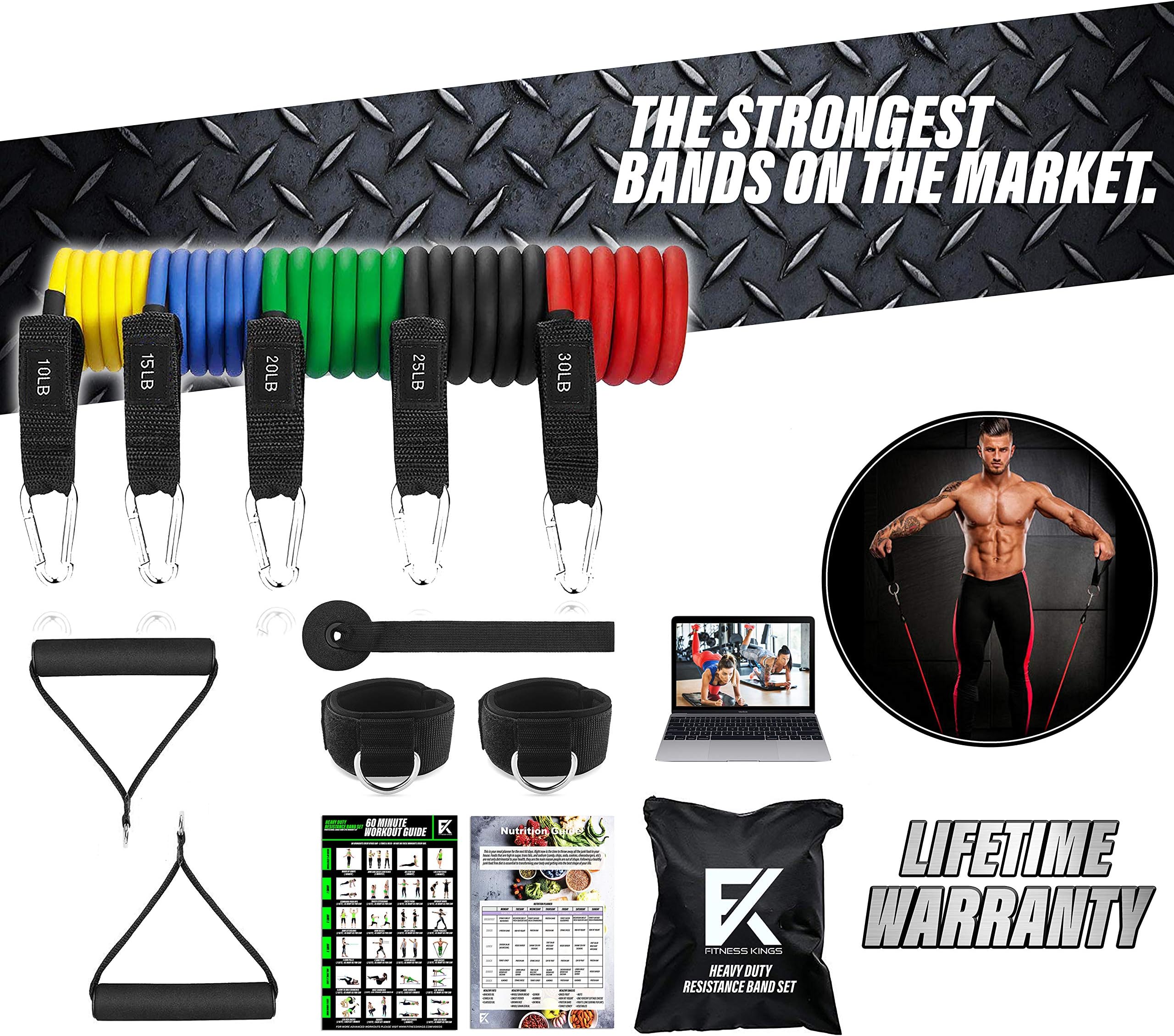 Fitness Kings Heavy Duty Resistance Bands Set 11Pc Anti SNAP Stackable Bands for Arms & Legs + Thick Ankle Strap Home Gym Set w/Workout Program + Videos