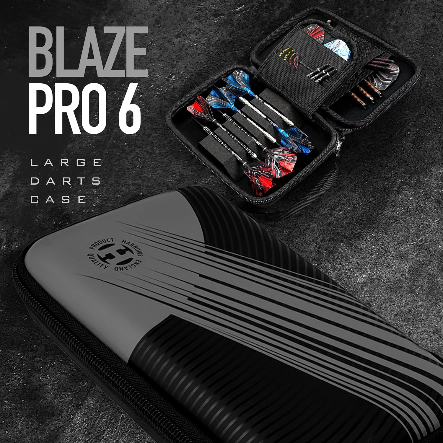 Harrows Darts Case Blaze Pro 6 - Darts Case, Darts Holder, Holds 6 Fully Assembled Darts - Protective EVA Material - Professional Darts Accessories - Holds 6 Darts Fully Assembled