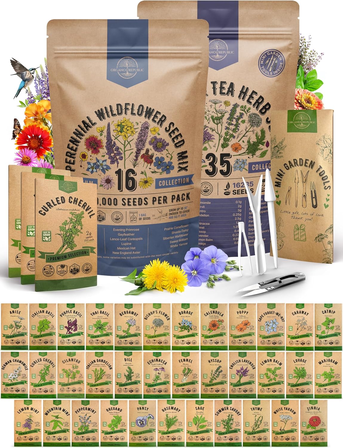16 Perennial Wildflower Seeds and 35 Medicinal & Tea Herb Seeds Variety Pack Bundle, 116,300+ Non-GMO Heirloom Garden Seeds for Planting Flowers and Herbs for Indoor & Outdoor Gardening