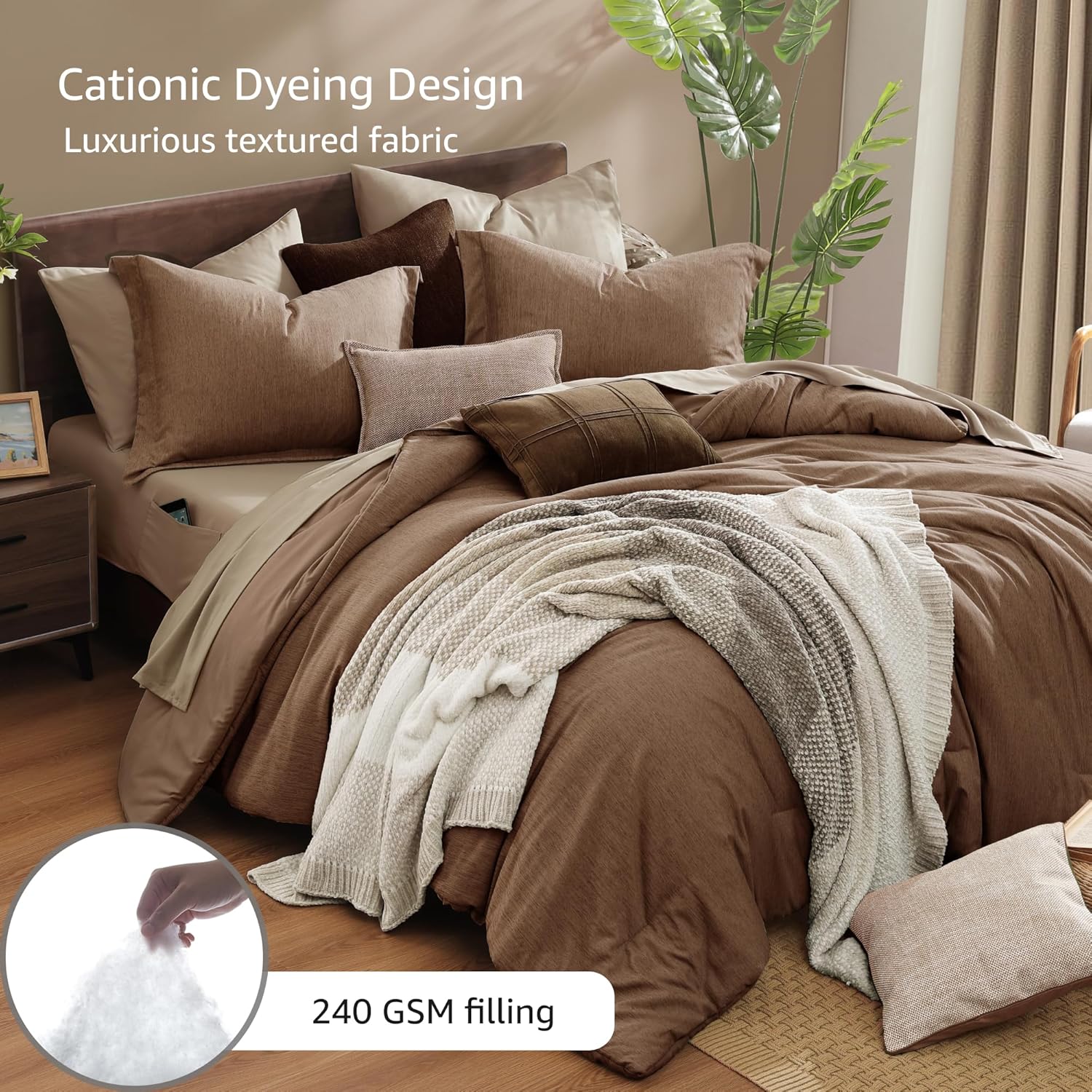 Monbix King Size Comforter Set, Brown King Bedding Set Reversible, King Comforter Set 7 Pieces, Cationic Dyeing Bed in a Bag with Comforter, Sheets, Pillowcases & Shams