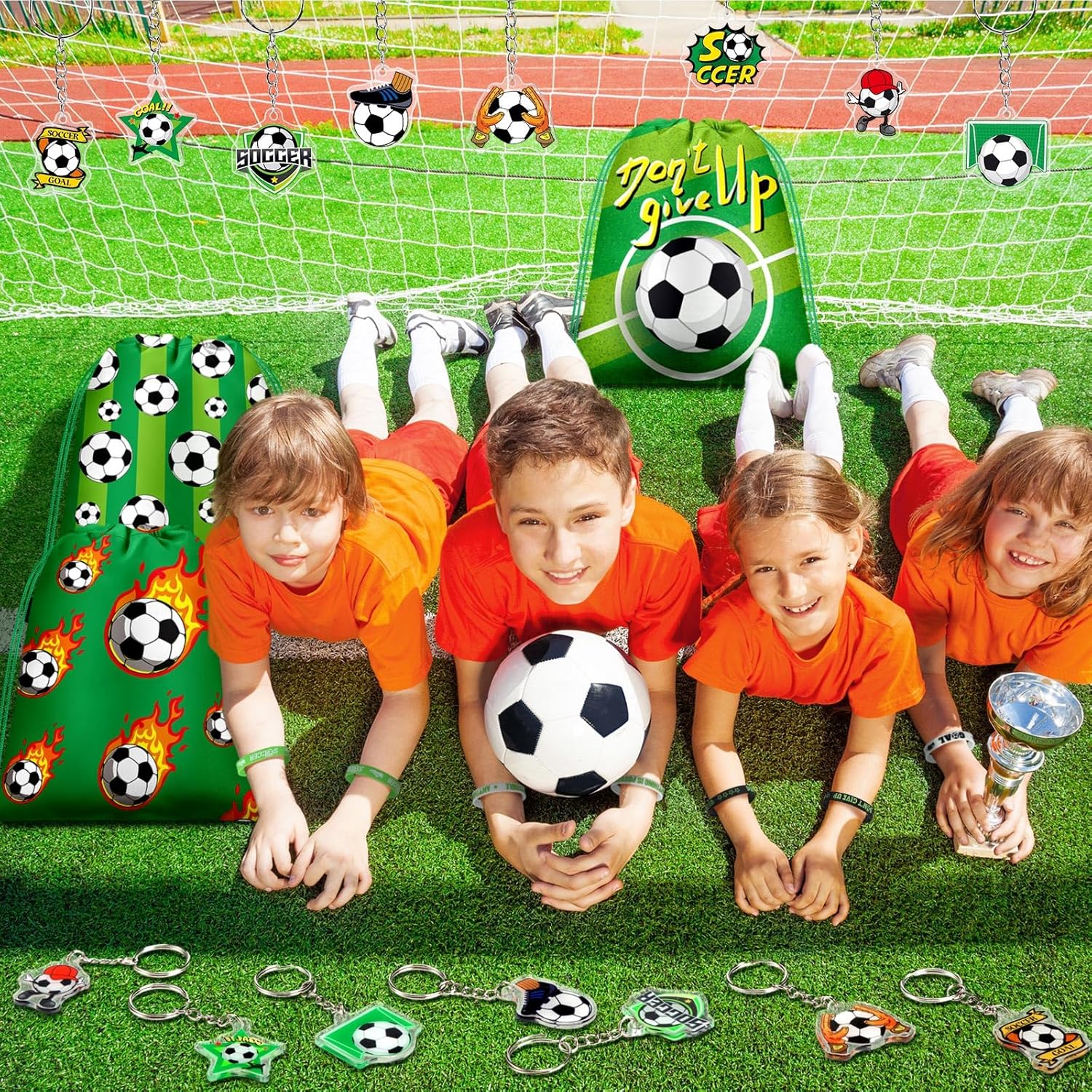 Talltalk 48 Pcs Soccer Party Favors Gifts Sets Soccer Team Gifts Include 16 Sets Drawstring Backpack Goodie Bags Stuffers Candy Snack Bags Wristband Keychains for Sports Birthday Party Supplies Decor - Image 5