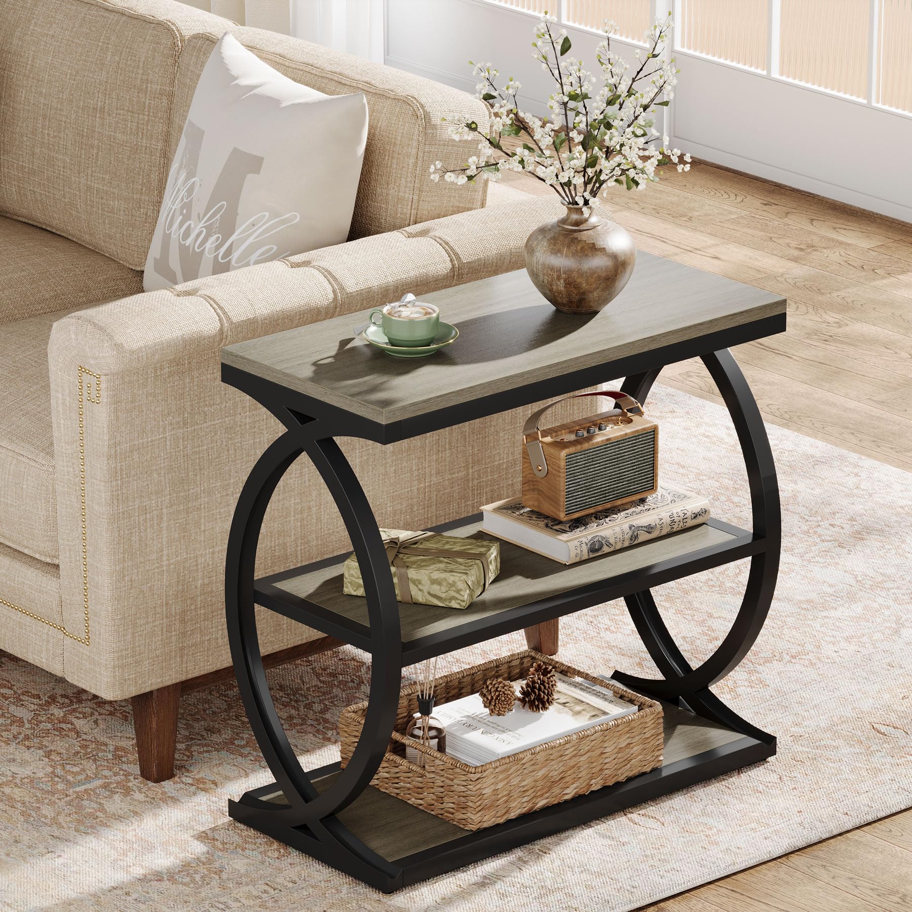 Tribesigns 3-Tier Narrow End Table, Side Table, Bedside Nightstand, Grey | Industrial Wooden with Metal Frame, For Living Room Bedroom, Small Spaces