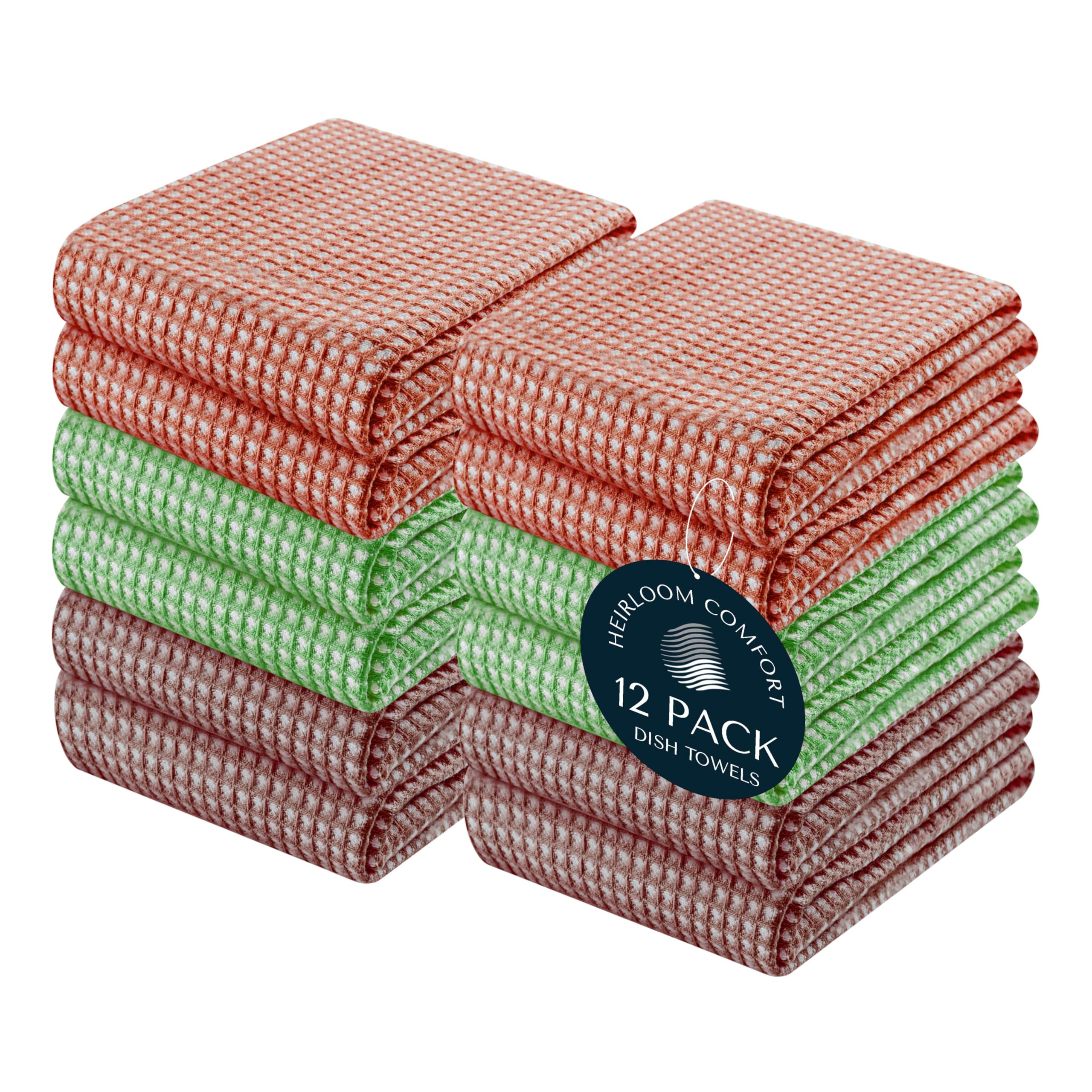 HEIRLOOM COMFORT 12 Pack 100% Cotton Multi Dual Waffle Weave Kitchen Towels, 40x66 cm, Super Absorbent, Quick Dry Towel Set, Soft Hand Towels for Cleaning, Durable - Rust, Mint Green, Brown