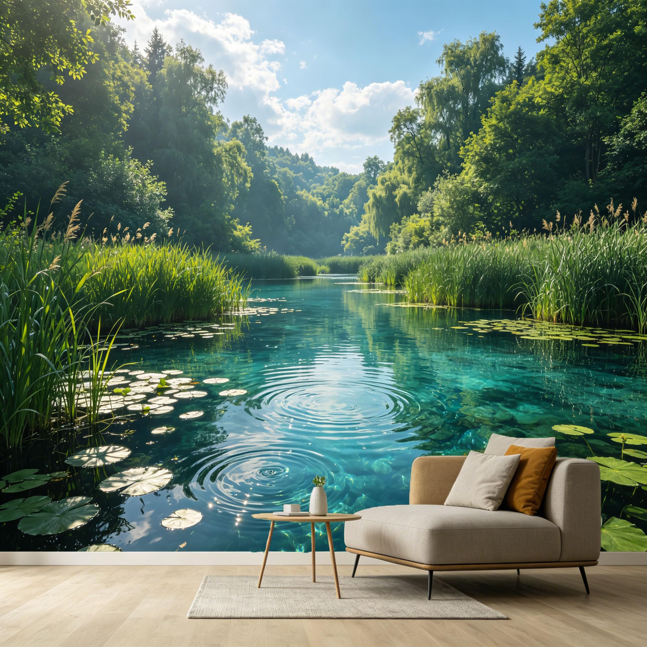 Custom Size Wall Murals Turquoise Lake Landscape Forest Water Lily Leaves SelfAdhesive Wall Fabric Removable Large Wallpaper for Photo Living Room Interior Decor
