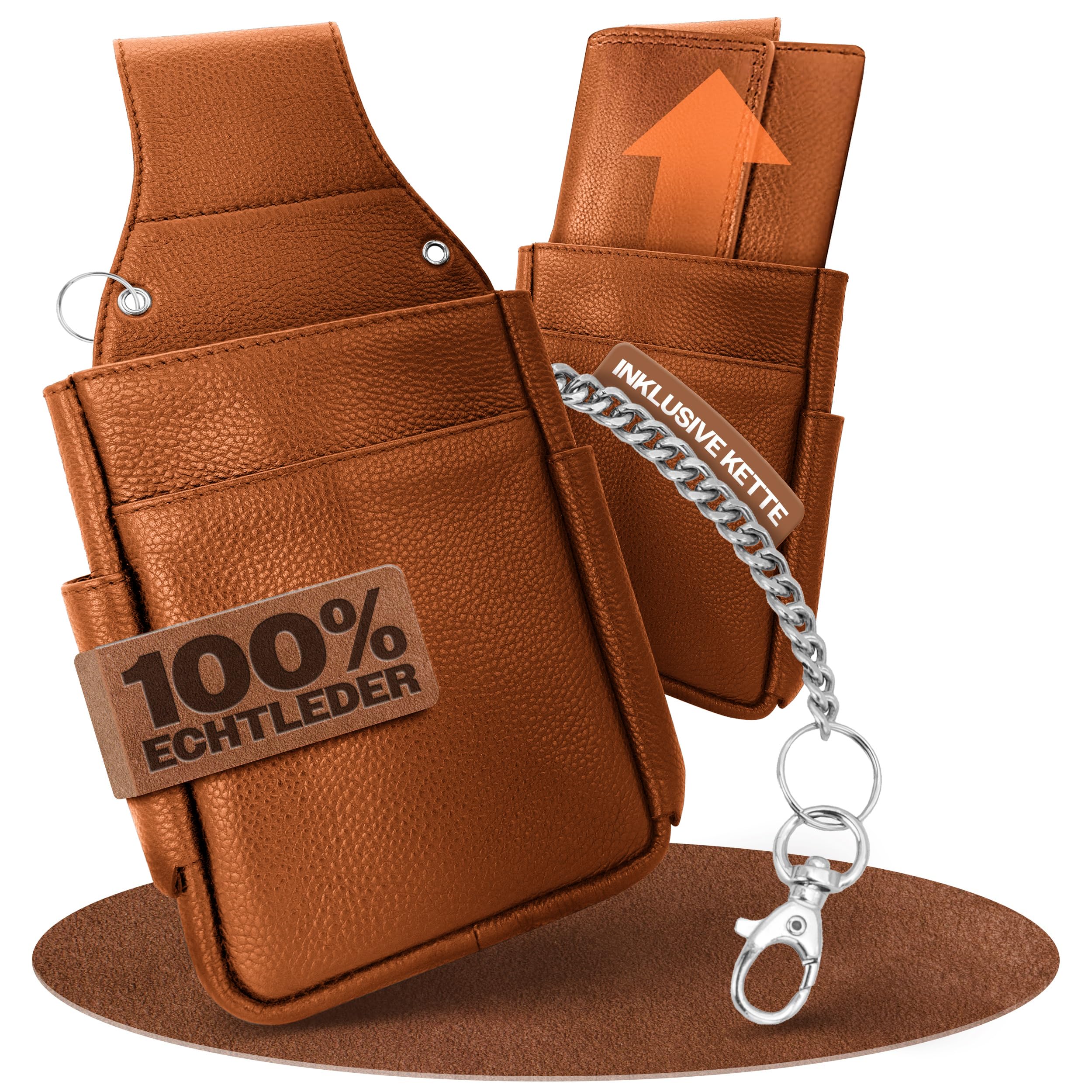 FLEXIBILITE® Kellnertasche Leder | Bedienungsgeldbeutel | Gastronomie Zubehör | Kellnerholster [2024] | Bedienungstasche RFID Schutz | Holster Tasche (15 x 23 cm B x H) | EXTRA 47cm Stahlkette