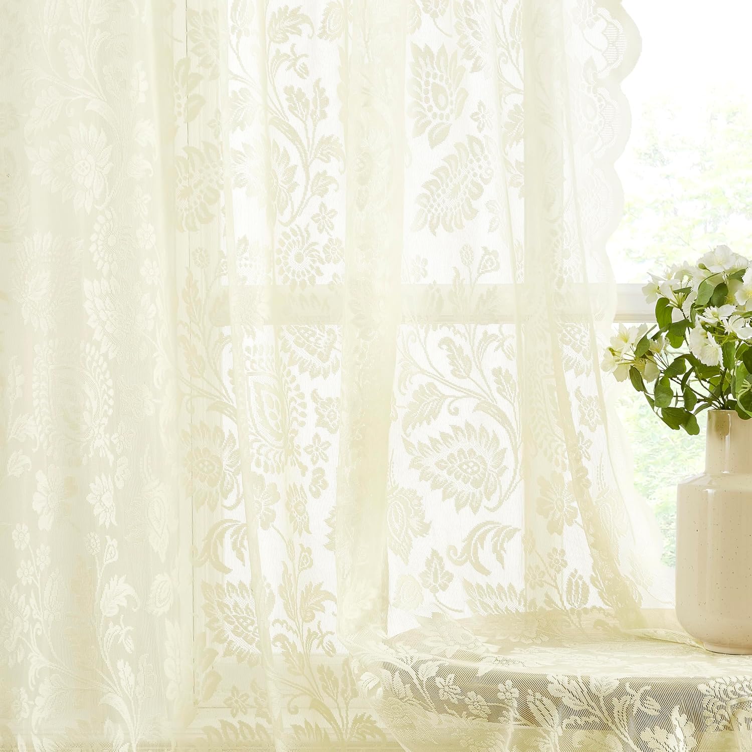 Bujasso Ivory Lace Sheer Curtains Vintage Leaf Floral Patterned Light Filtering Curtains 95 inch Rod Pocket Scalloped French Elegant Ivory Lace Drapes for Living Room Bedroom 54" Wx95 Lx2 54"W x 95"L (Pack of 2) Leaf Champagn Ivory