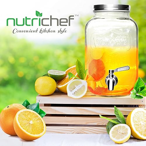 Miniatura 7 de NutriChef Dispensador de bebidas de vidrio de 1 galón, jarra estilo tarro Mason con espita de acero inoxidable e infusor de hielo de plástico, boca