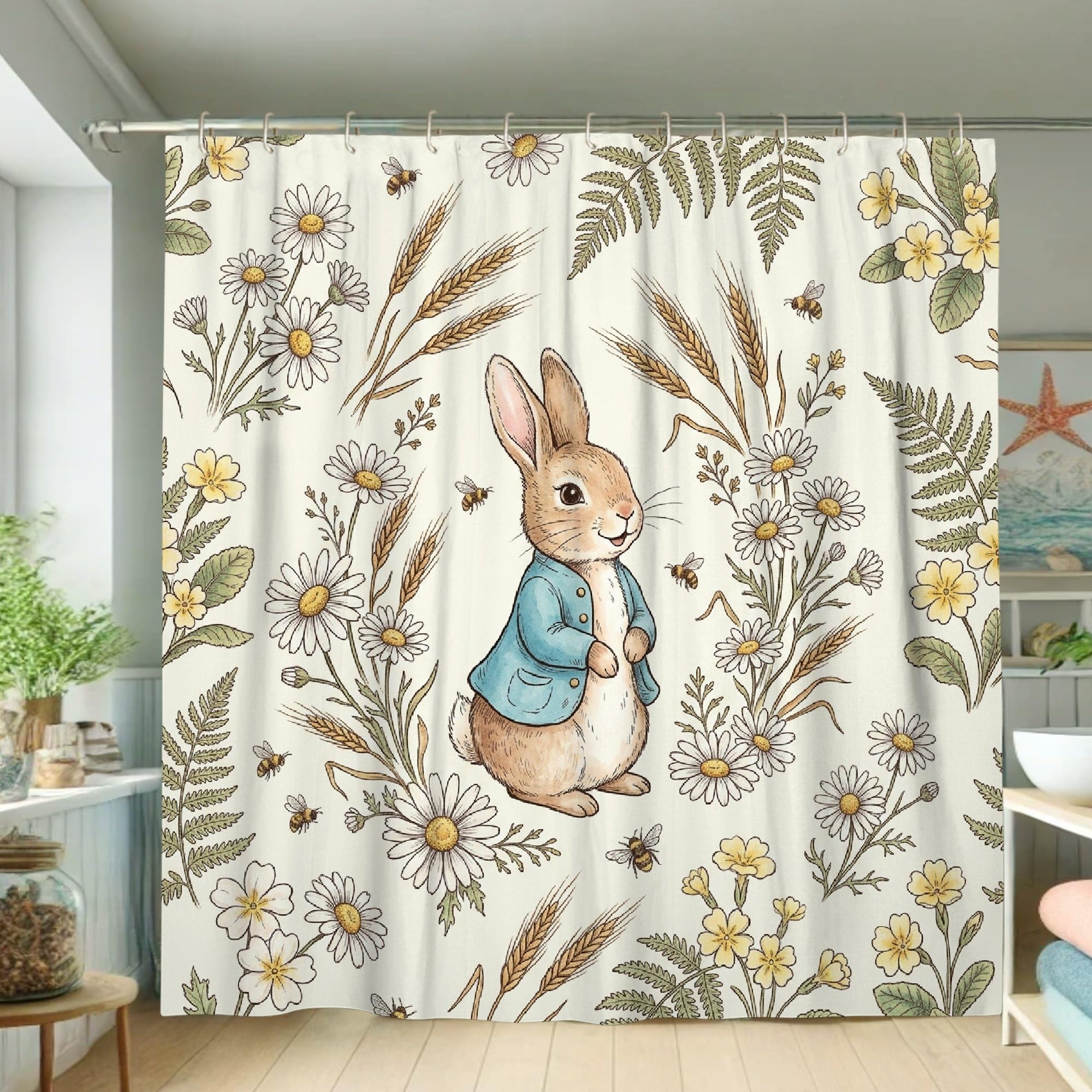 Rideau de douche polyester imperméable motif fleurs de printemps blanc et animaux 183x183