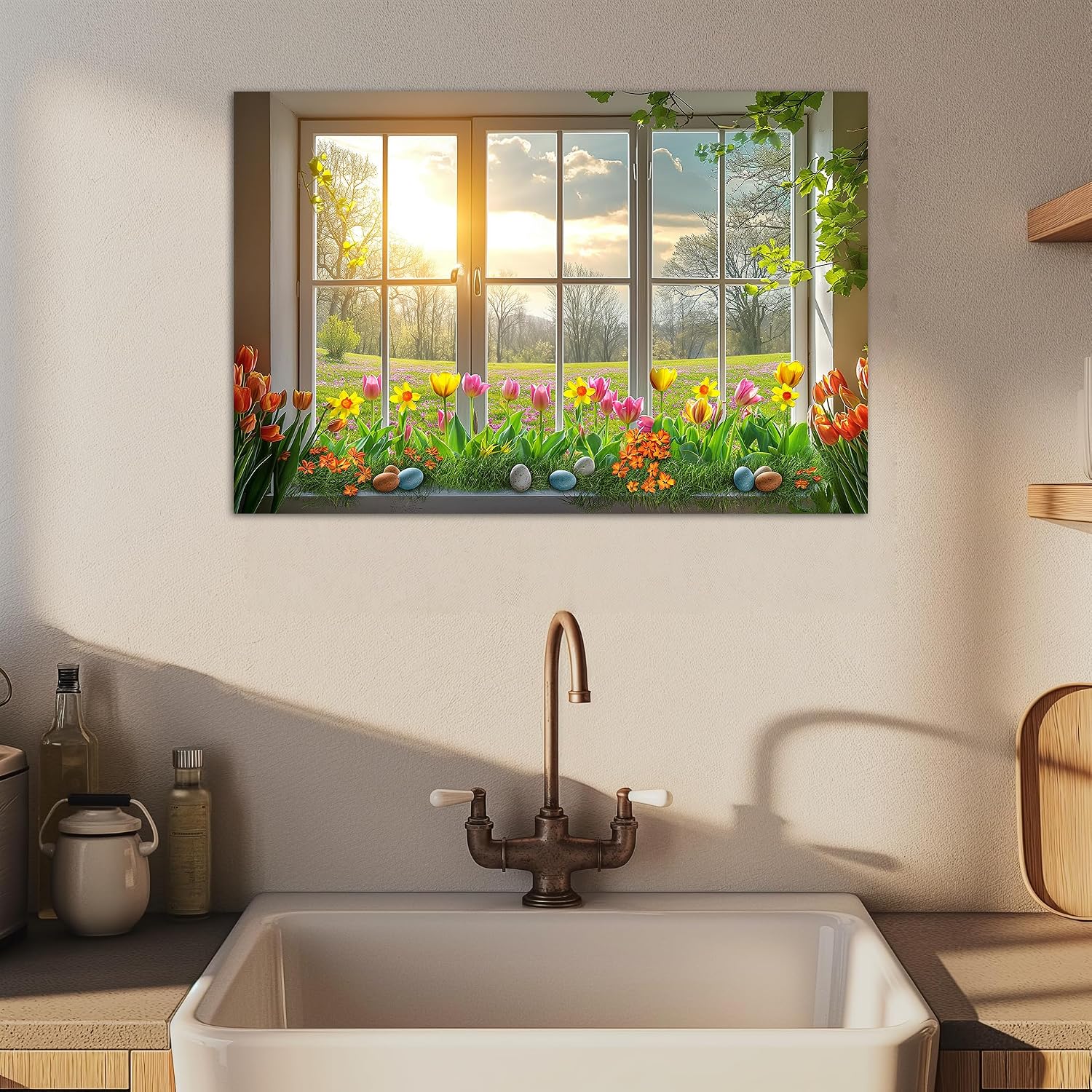 WOOHOOROO Fake Window Wall Stickers Sunny Garden View with Tulip Flower Meadow Peel and Stick Decal Removable Mural for Interior Room Decoration Bedroom Apartment Home Decor,32x48/2PCS