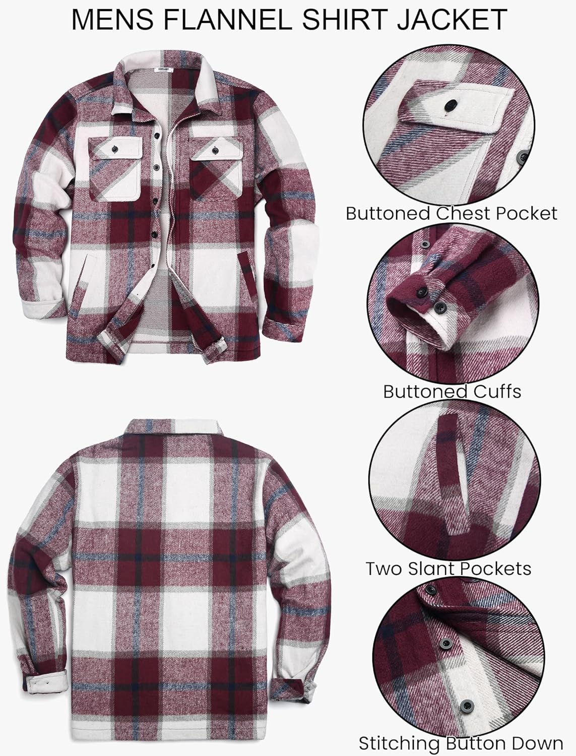 COOFANDY Men's Flannel Jacket Fleece Shacket Plaid Shirt Jackets Warm Thick Long Sleeve Button Down Fall Outwear - Image 6