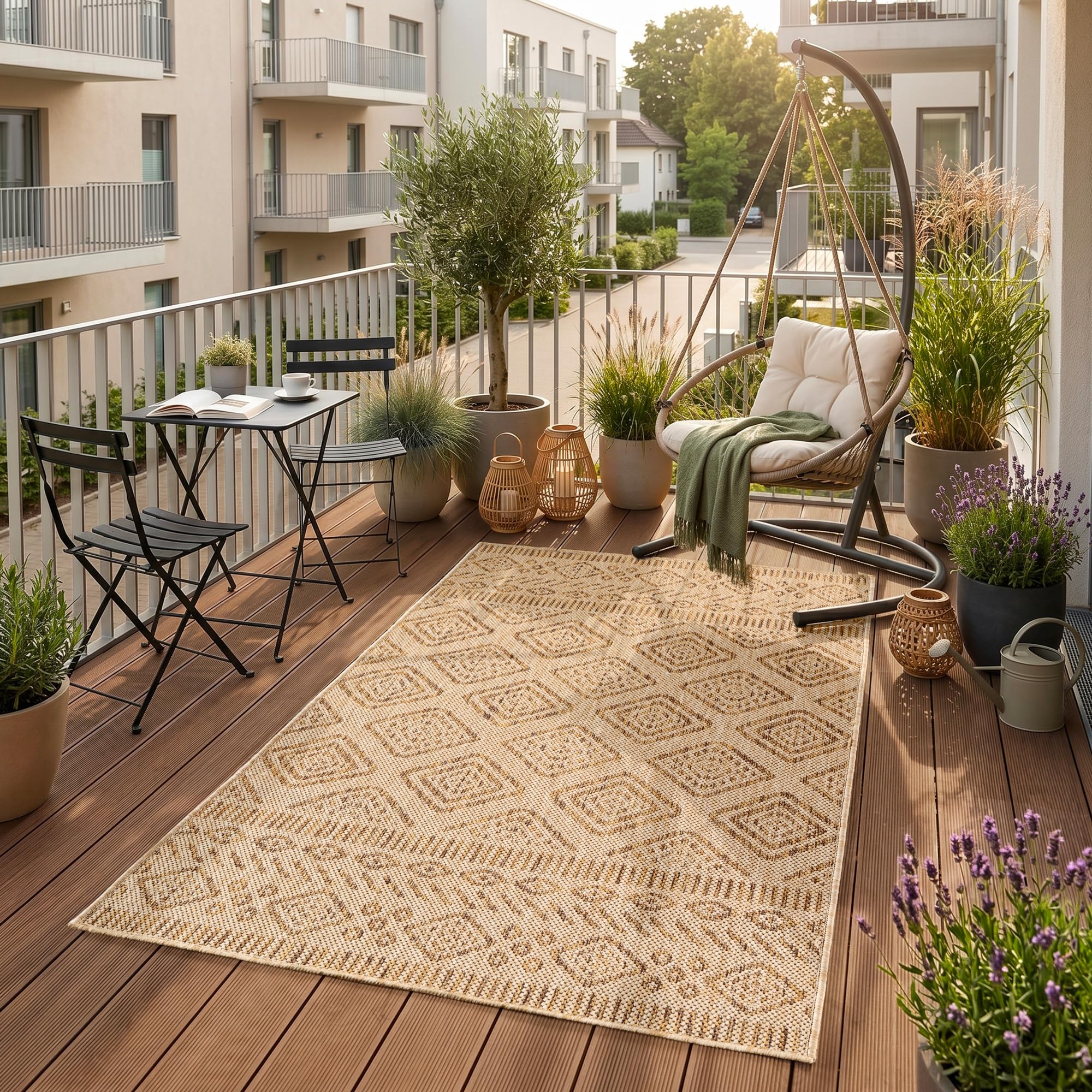 SIMPEX Outdoor Teppich Beige Balkon Terrasse Garten Wetterfest UV-beständig Teppich Einfarbig Flachgewebe Pflegeleicht Robust Modern