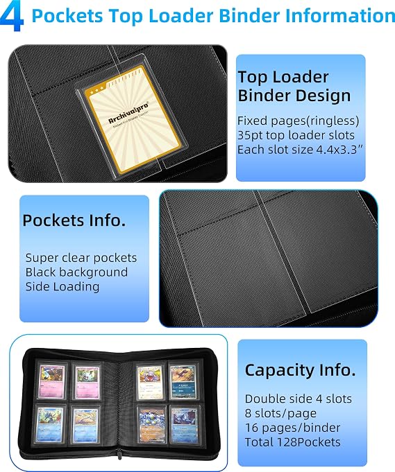 4 Pocket Top Loader Card Binder 128 Slot Toploader Albums Premium Ringless Cards Binders(Blue)