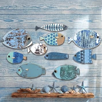 Yuntau 10 Pcs Fish Wall Decor Wooden Fish Wall Hanging Decor, Nautical