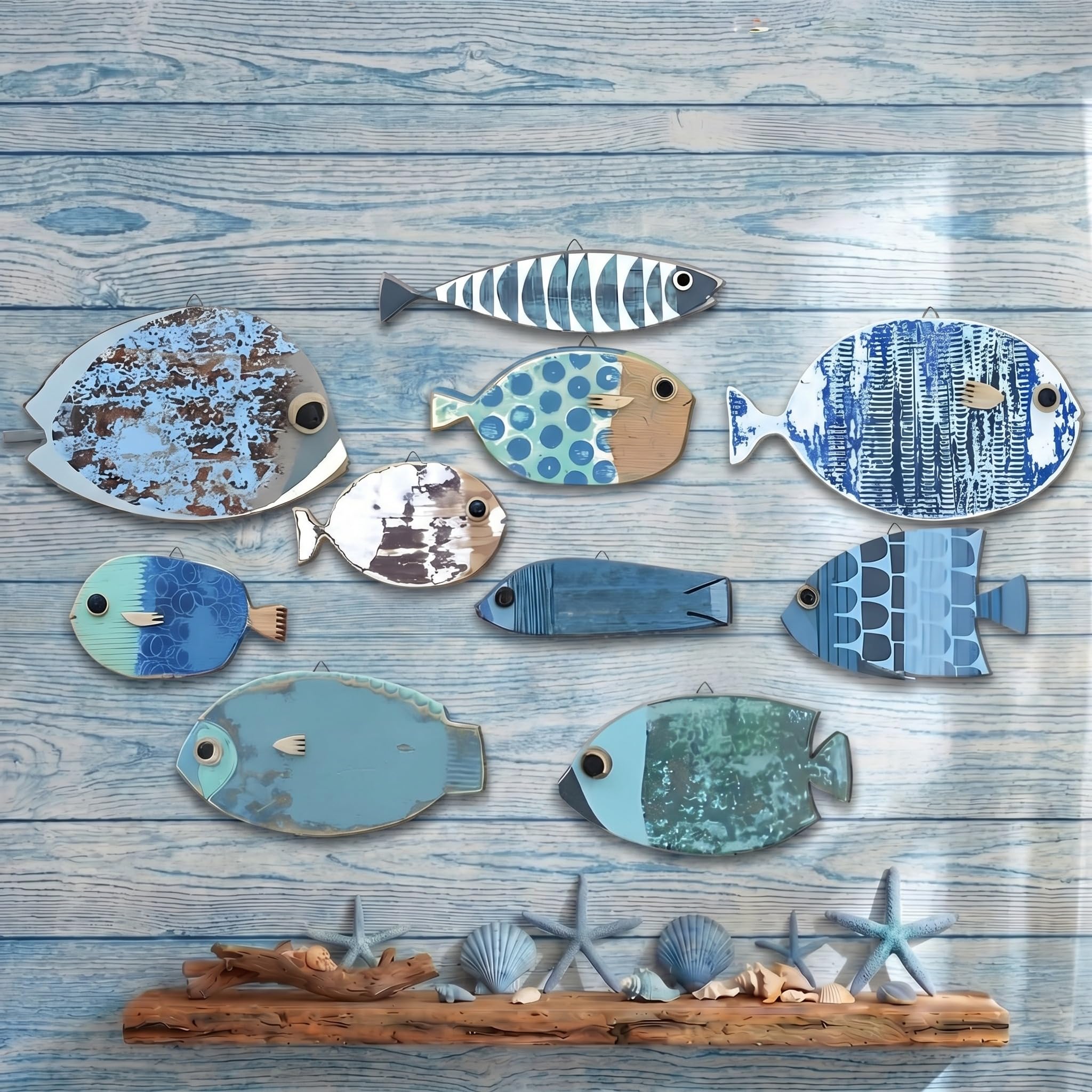 Yuntau 10 Pcs Fish Decor for Wall Wooden Hanging Coastal Wall Decor Wood Beach Art Accessories Nautical Theme Bathroom Coastal Ocean Home Decorations Gifts, Not 3D Pattern : Home & Kitchen