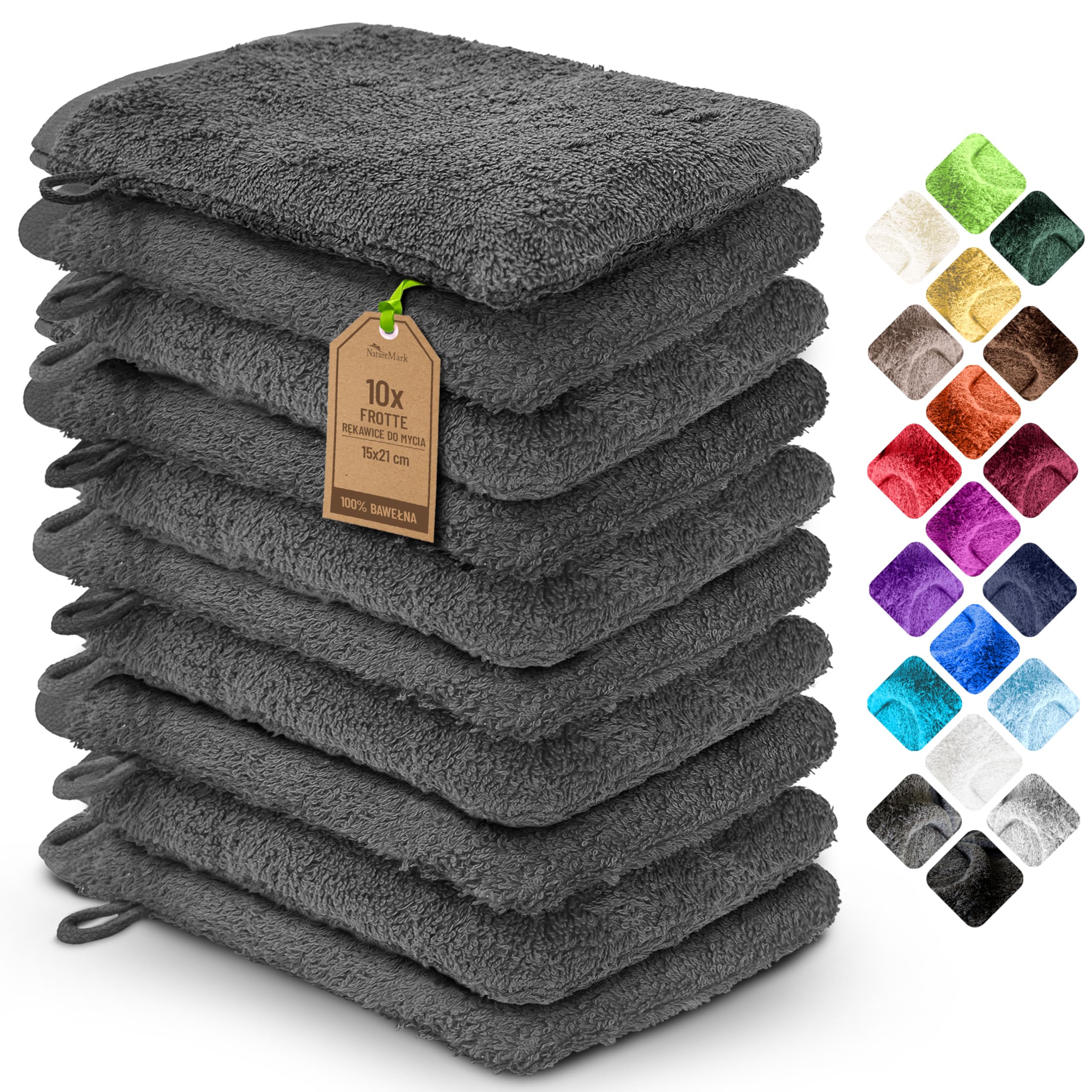 NatureMark – Zestaw 10 rękawic kąpielowych z miękkiej frotte, 100% bawełna, certyfikat Öko-Tex, kolor Antracytowy, rozmiar 15 x 21 cm