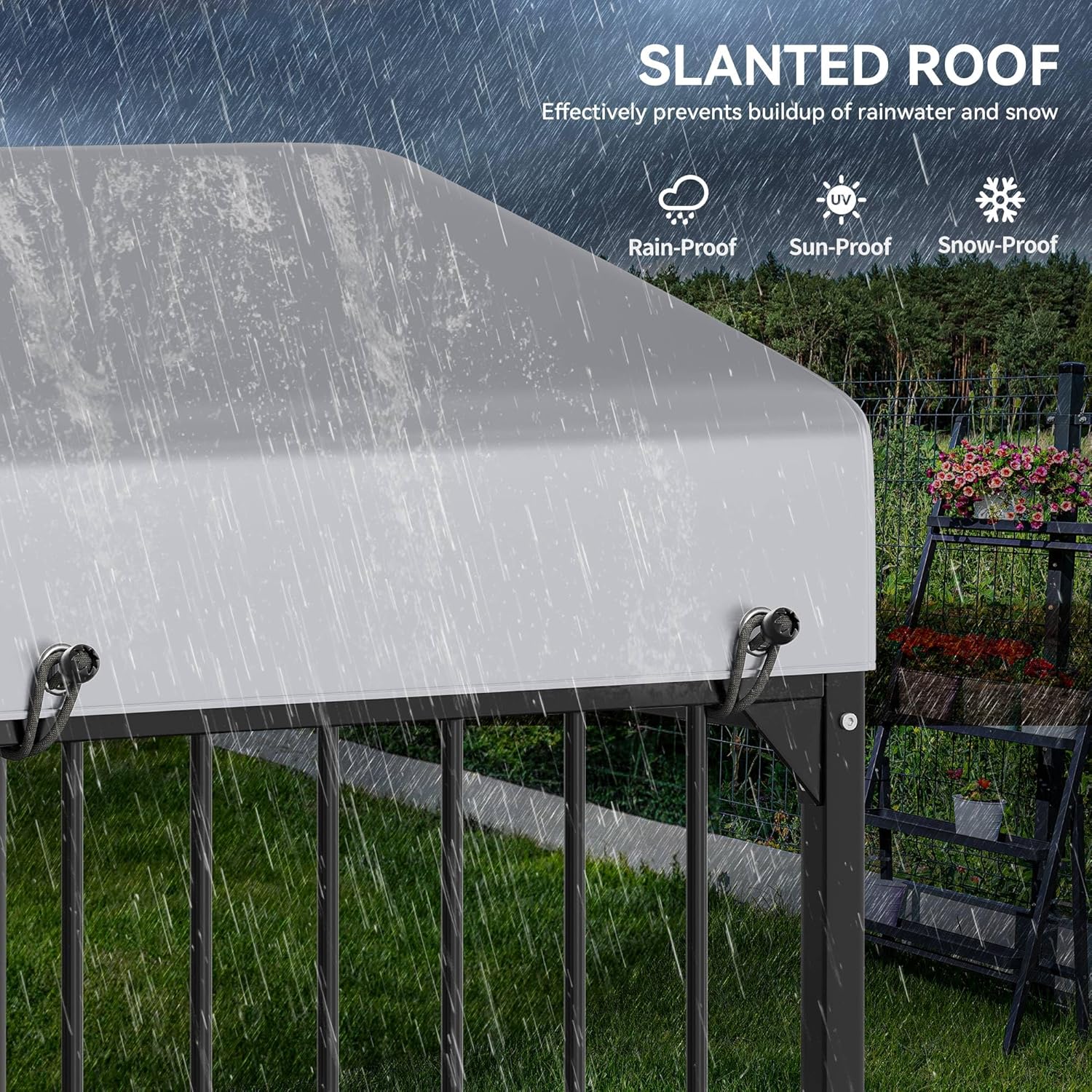 Slanted roof of the dog kennel showing rain, sun, and snow protection