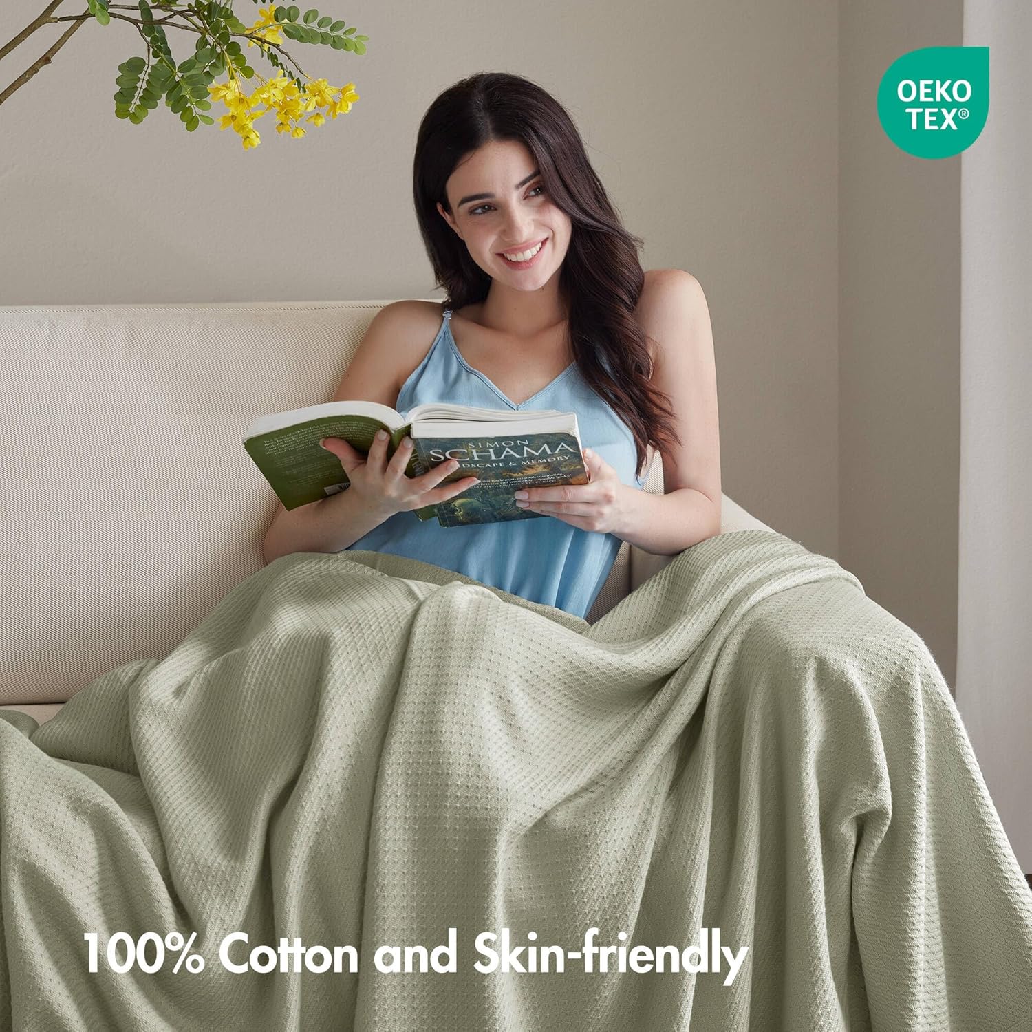 Madison Park 100% Egyptian Cotton Lightweight Summer Blanket, Breathable Waffle Knit Design, Soft Cozy All-Season Throw for Bed, Couch or Sofa, Sage Green Twin Size (66"x90") - Image 4