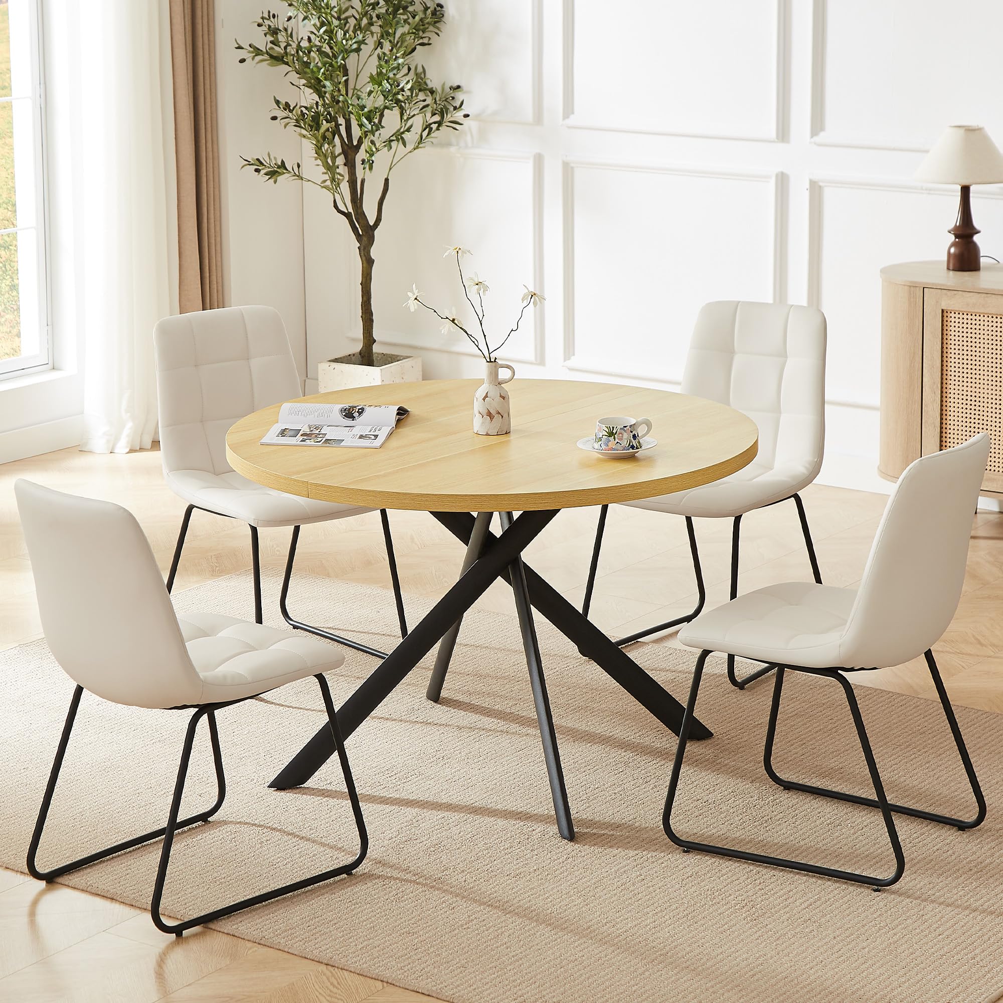 HIPIHOM 45.3 Inch Round Dining Table Set for 4, Mid Century Modern Small Coffee Set for Dining Room Kitchen Apartment (Cream Table + 4 U-Shaped White