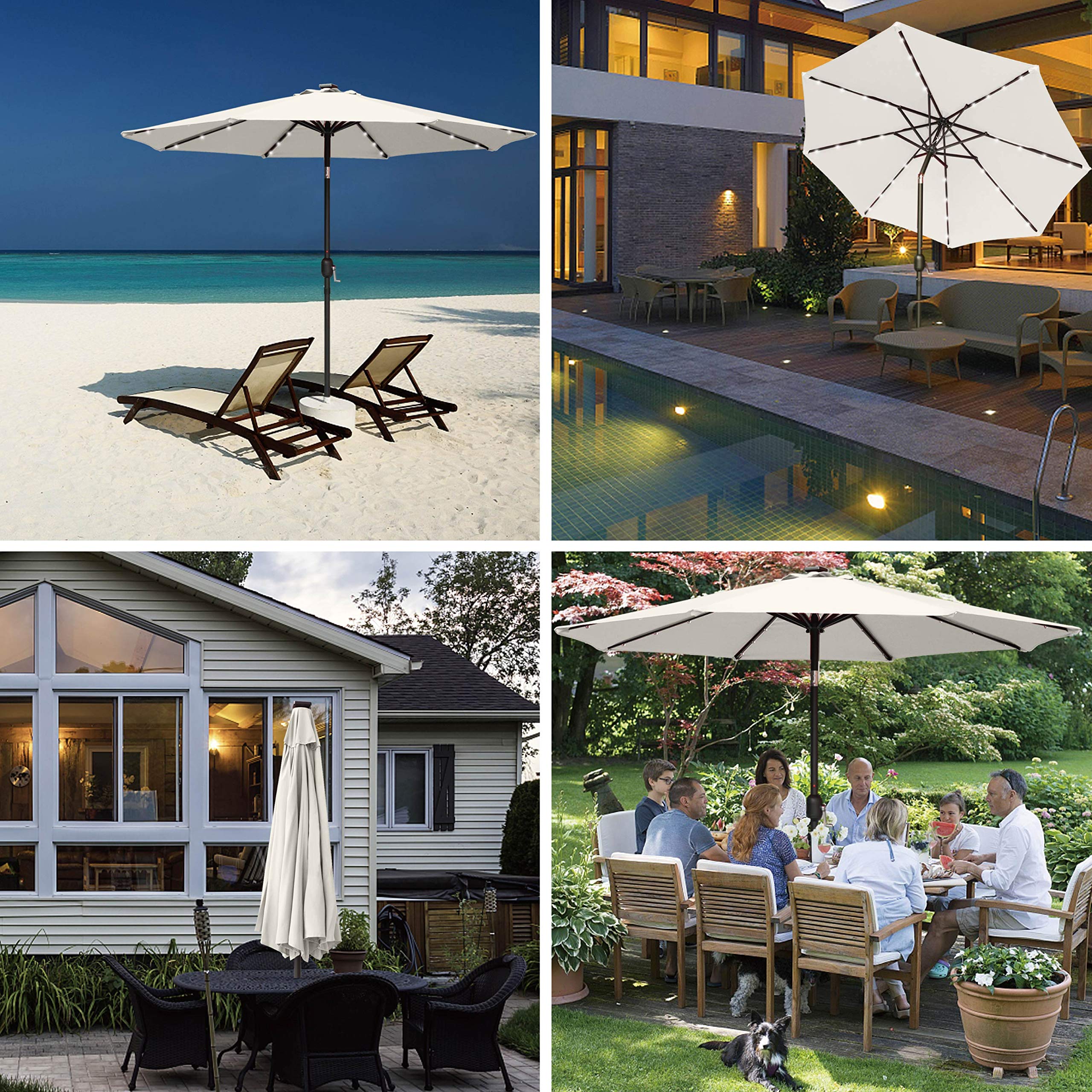 Amazon Com 9ft Patio Umbrella Ourdoor Solar Umbrella Led Umbrellas With 32led Lights Tilt And Crank Table Umbrellas For Garden Deck Backyard And Pool 12 Colors Light Beige Garden Outdoor