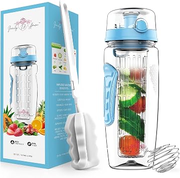 Fruit Infuser Water Bottle 32 oz Flavored Water & Tea Infusion for Hydration, Protein Shake Sports Container, Leak-Proof Lid, Long Infuser Basket with Sleeve, Cleaner Brush & Mix Ball