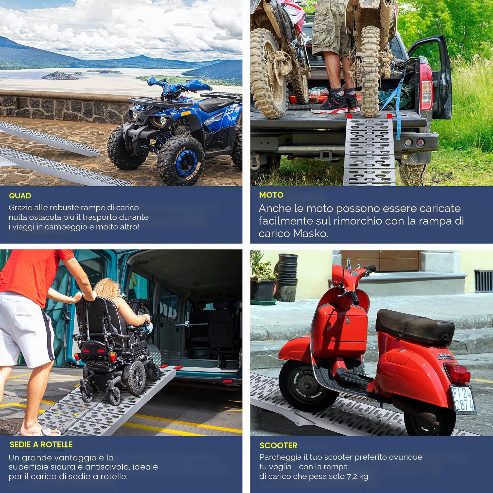 MASKO® Rampa 340kg Rampa di carico ALU pieghevole Rampa di carico Antiscivolo Pieghevole max. 340kg* per pezzo, Rampa di carico moto ATV Quad Car Car