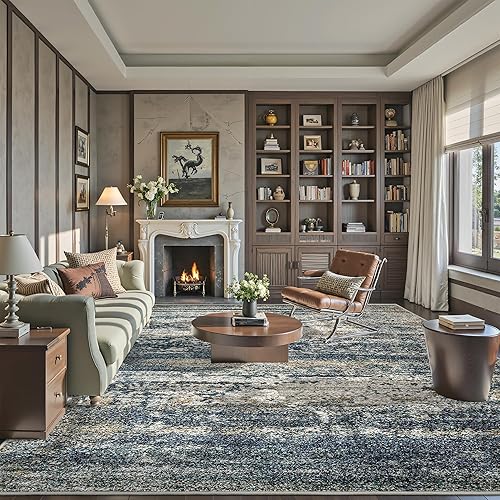 Art&Tuft Washable 9x12 Area Rug, Anti-Slip Backing Abstract Area Rugs 9x12 Living Room, Stain Resistant Rugs for Living Room, Foldable Machine Washable Area Rug (TPR19-Navy, 9'x12')