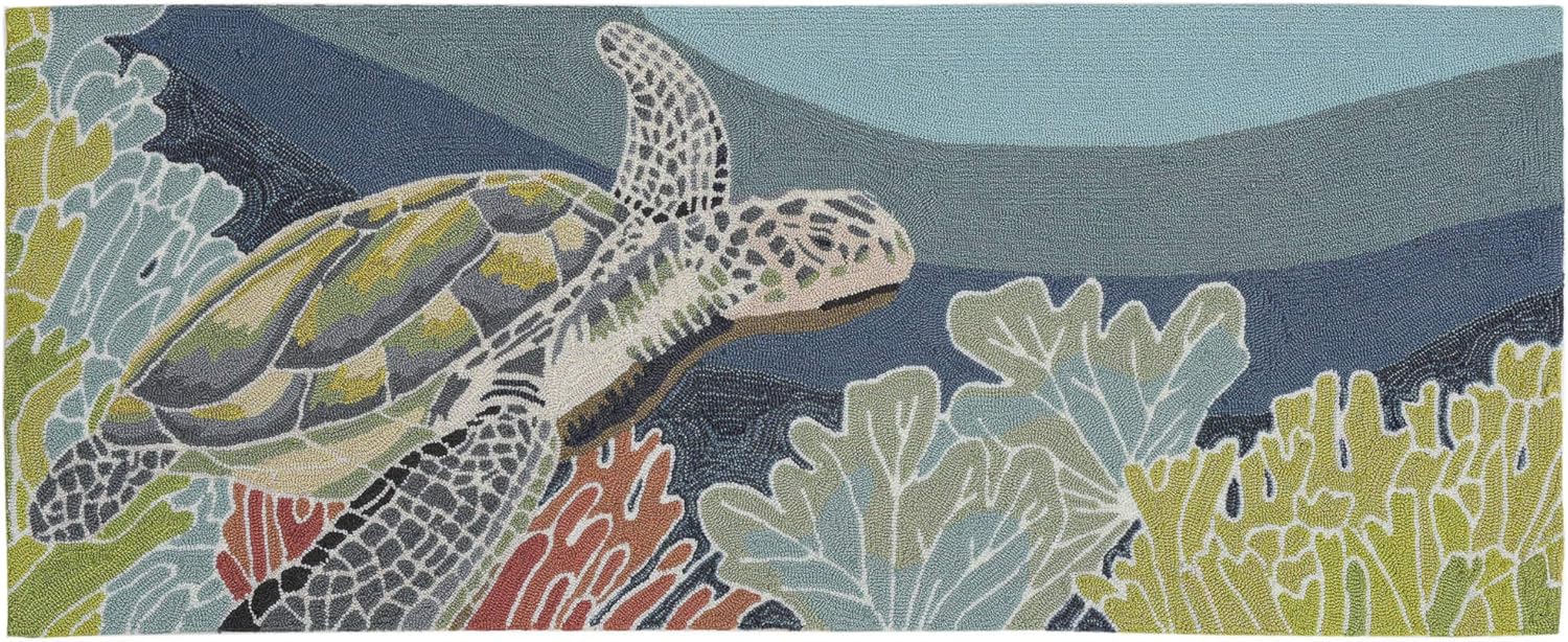 Liora Manne RAVELLA Indoor/Outdoor Hand Tufted Synthetic Blend Durable Area Rug - Contemporary Coastal Turtle Decorative (Akumal Ocean) (2' x 5')