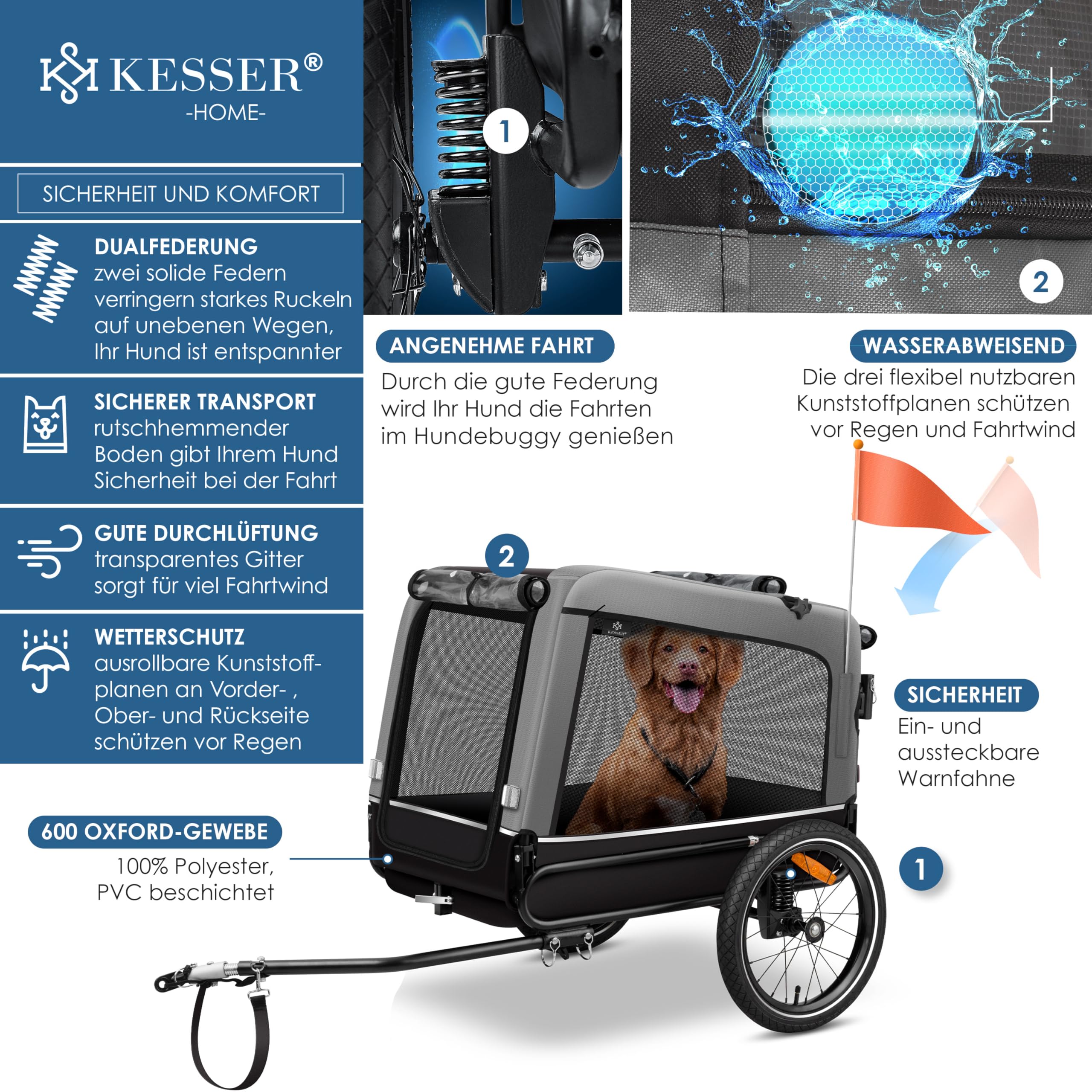 KESSER® Remolque para Perros 3-en-1 Buggy & Jogger Remolque para Bicicletas Grande Aprox. 240 litros de Volumen, montado sobre muelles, Material: Lona Oxford 600D, Carga máxima: 40 kg