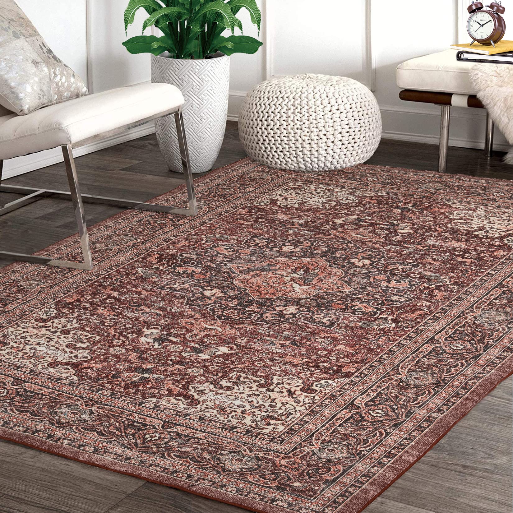 ROYHOMEWashable Rug for Living Room 6x9 Oriental Distressed Carpet Non-Slip Low-Pile Retro Accent Rug Vintage Area Rug for Bedroom Dining Room Home Office, 6' x 9' Brick Red