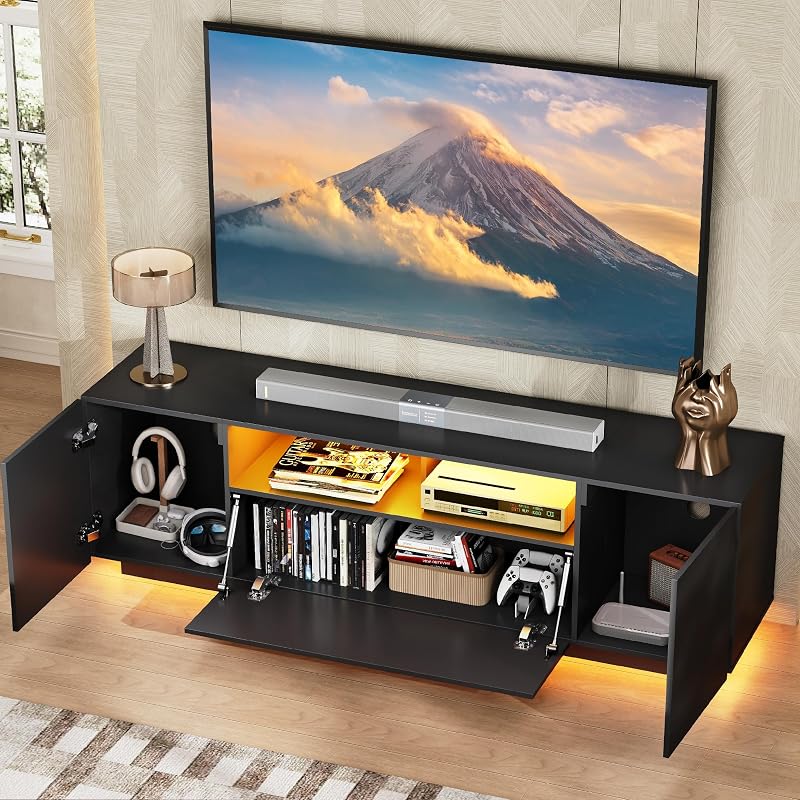 WLIVE LED TV Stand for 55/60/65 Inch TVs, Modern Entertainment Center with Storage Cabinets and Drawer, Gaming Media TV Console with RGB Lights for Living Room, Black image 5