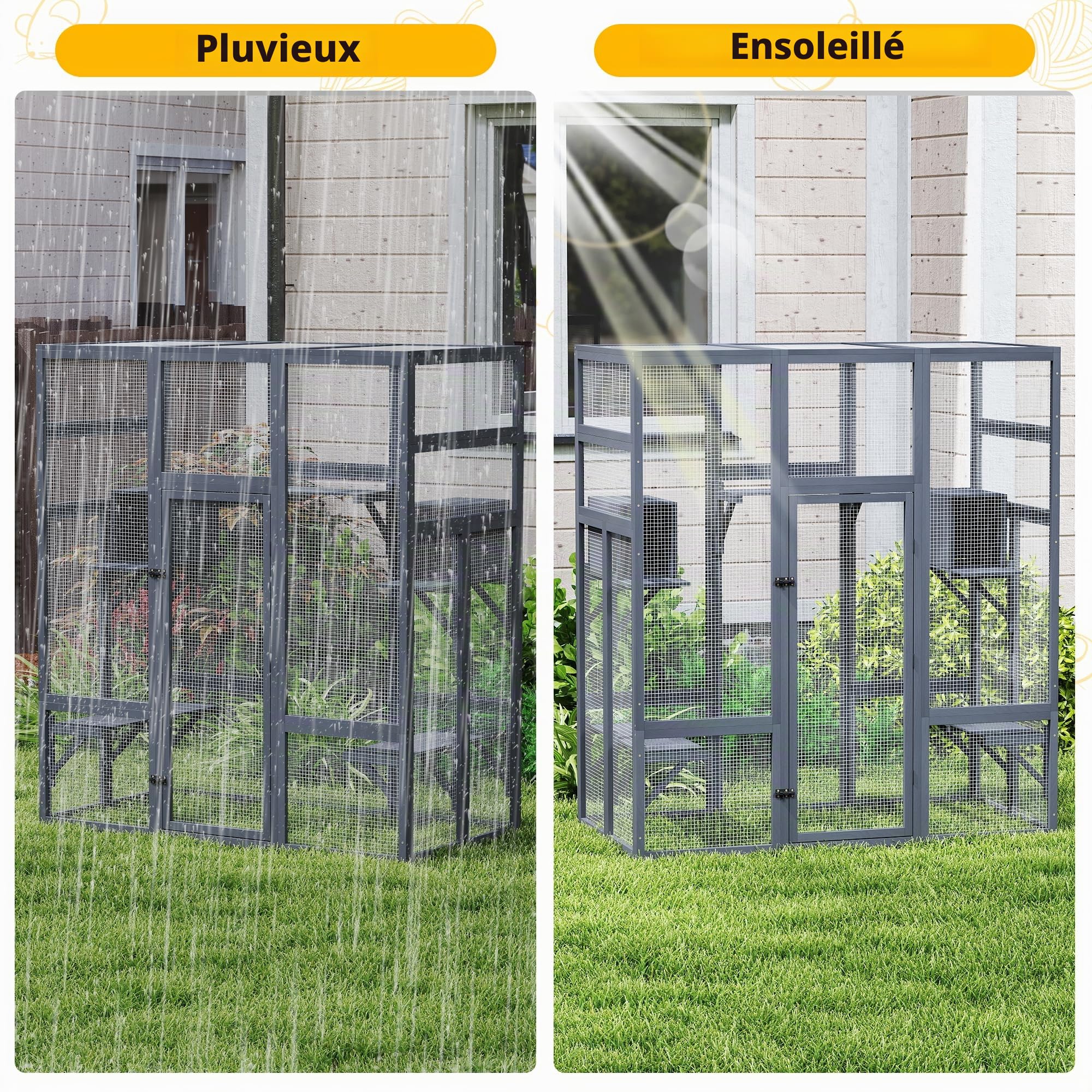Catio Enclos pour chat d'extérieur - 159 x 82 x 178 cm - Motif chaton - Maison pour chat avec ponts, promenades, petites maisons, couverture de toit (gris foncé)