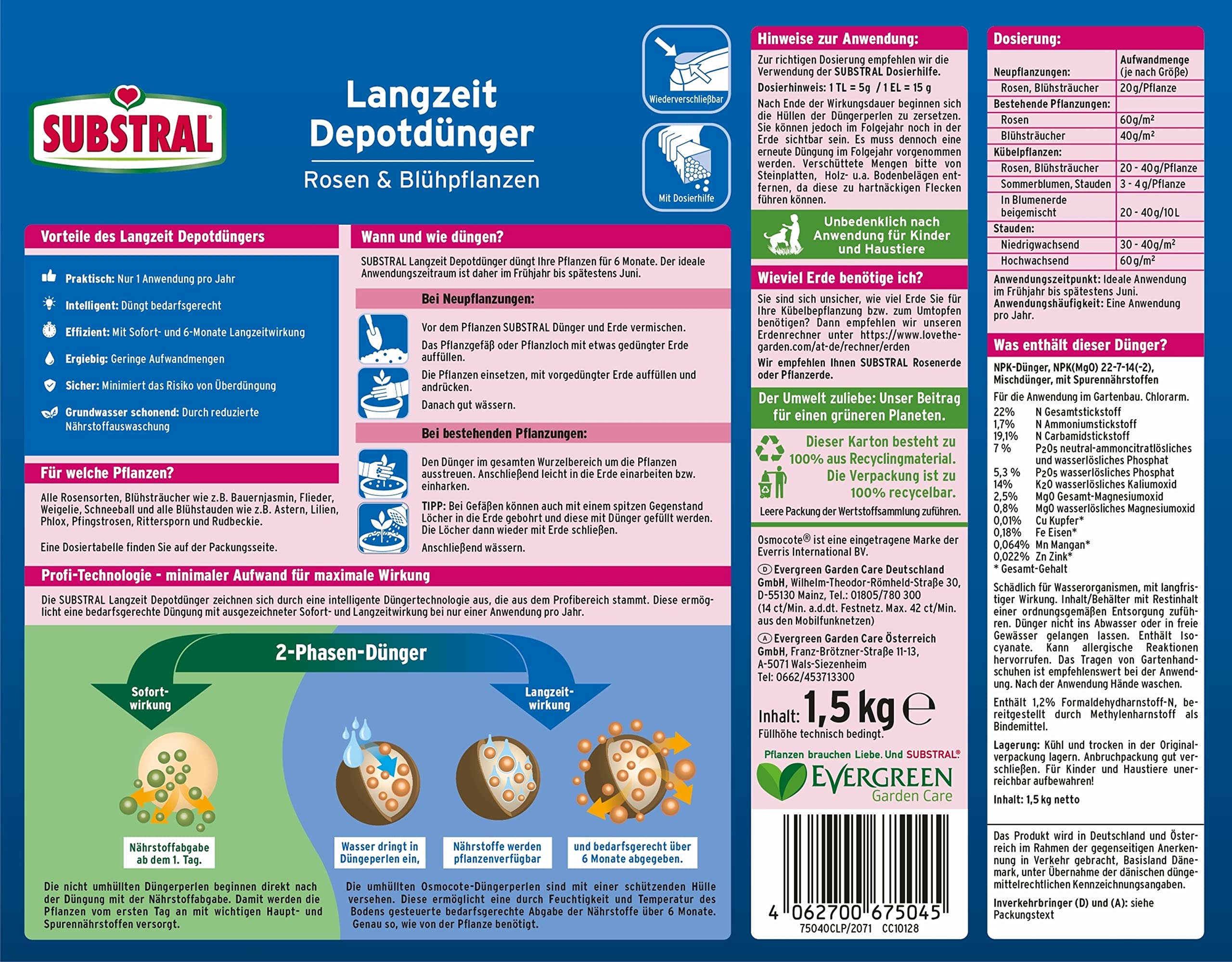 Substral Langzeit Depotdünger für Rosen & Blühpflanzen, 6 Monate Osmocote Premium-Langzeitdünger, 1,5 kg (Packung mit 2)