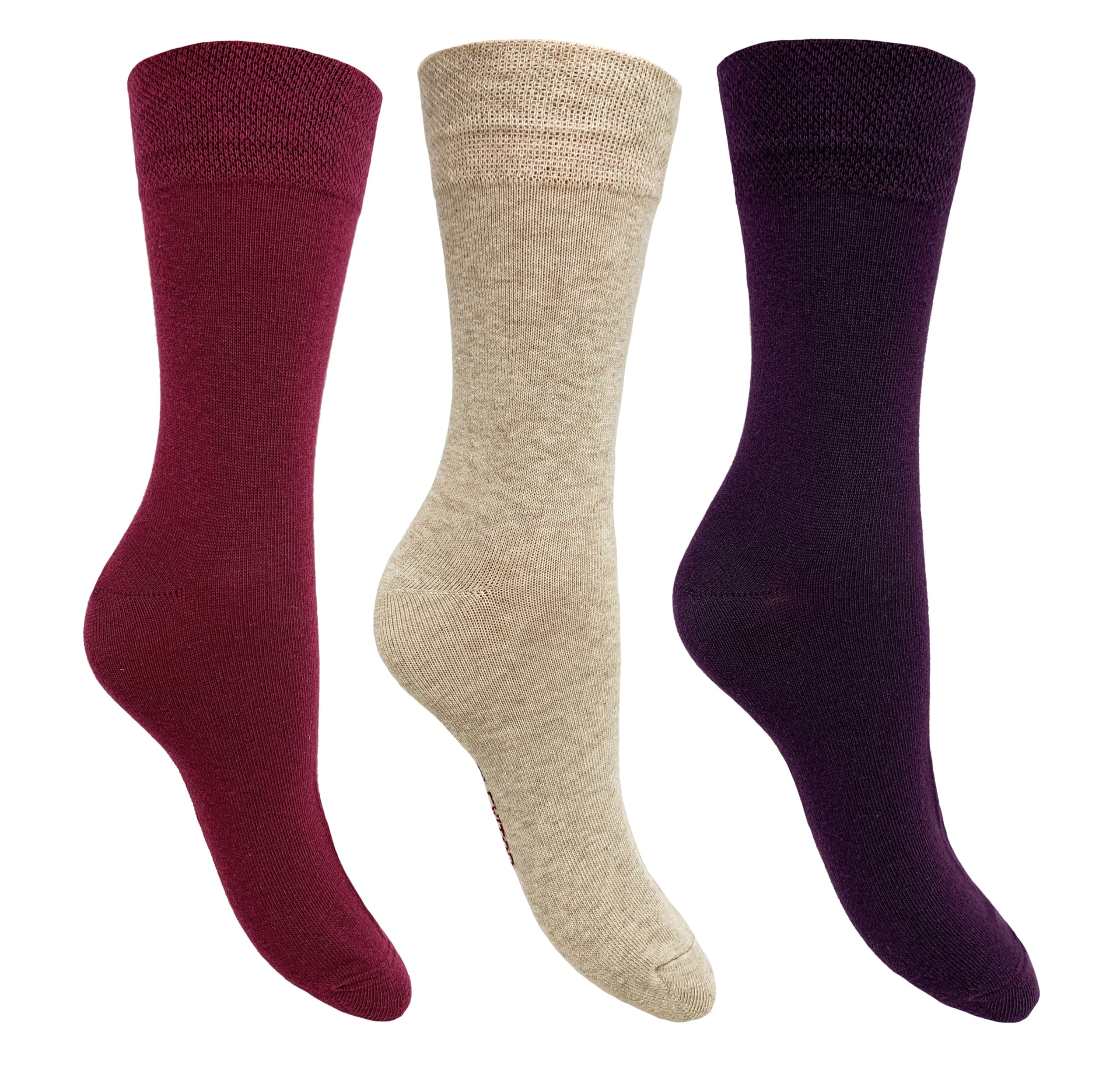 Flexitop Ladies Plain Socks | 3 Pairs | U.K. Size 4-7 | Ladies socks, soft hold, comfort ladies socks, gentle grip socks. (Burgundy/Oat/Purple)