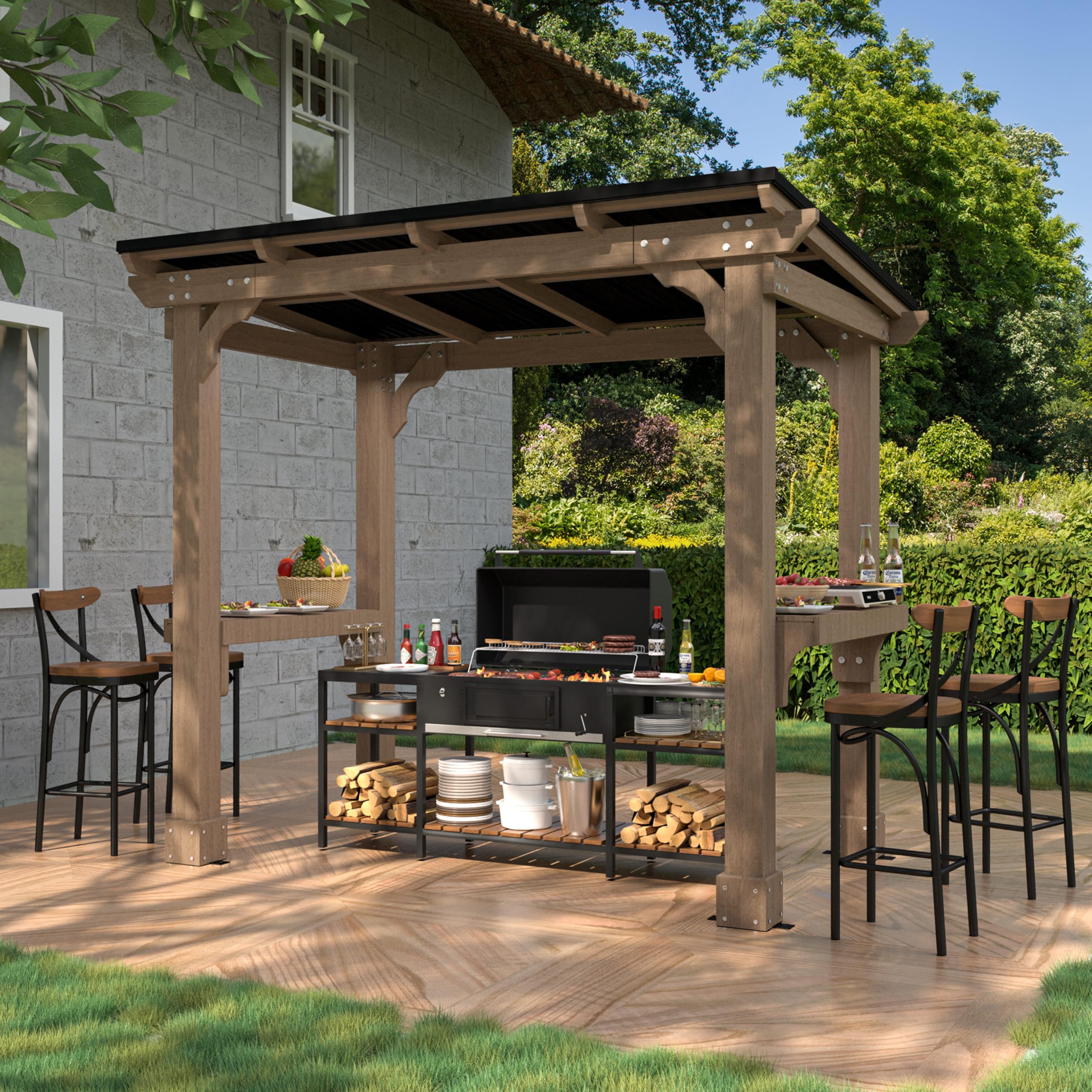 VEIKOU 8’x5’ BBQ Grill Gazebo Shelter with Galvanized Steel Roof, Cedar Frame, Patio Gazebo for Barbecue, Backyard, Garden, Deck, Light Mocha Brown