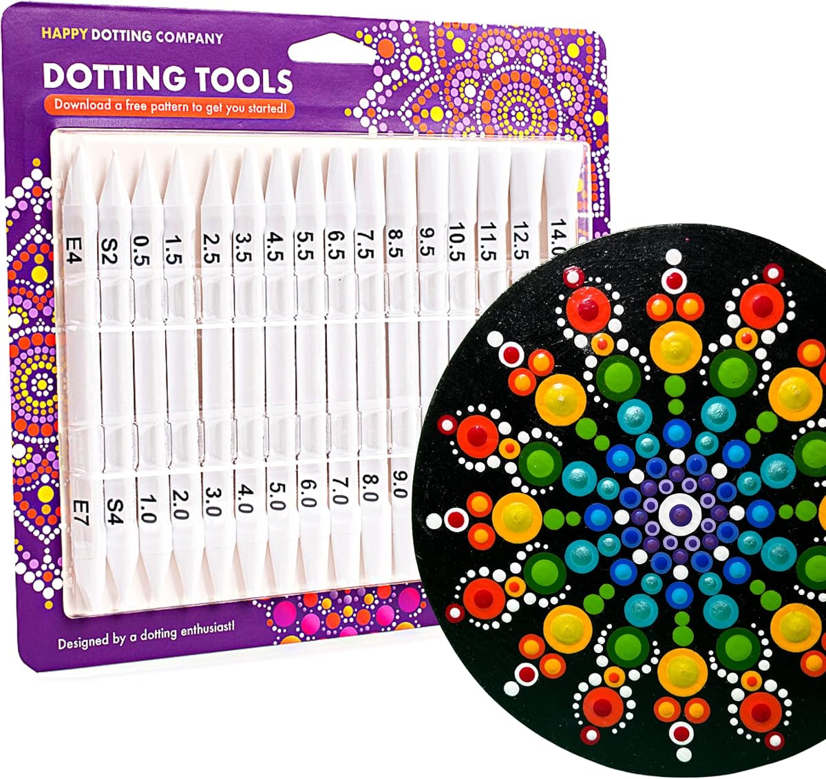 Happy Dotting Company Herramientas para pintar mandalas – Patentado 16 piezas Premium doble extremo – 28 tamaños de fácil lectura más herramientas de lápiz y elipse, agarre antideslizante para pintura de roca, arte de uñas, cerámica y lienzo