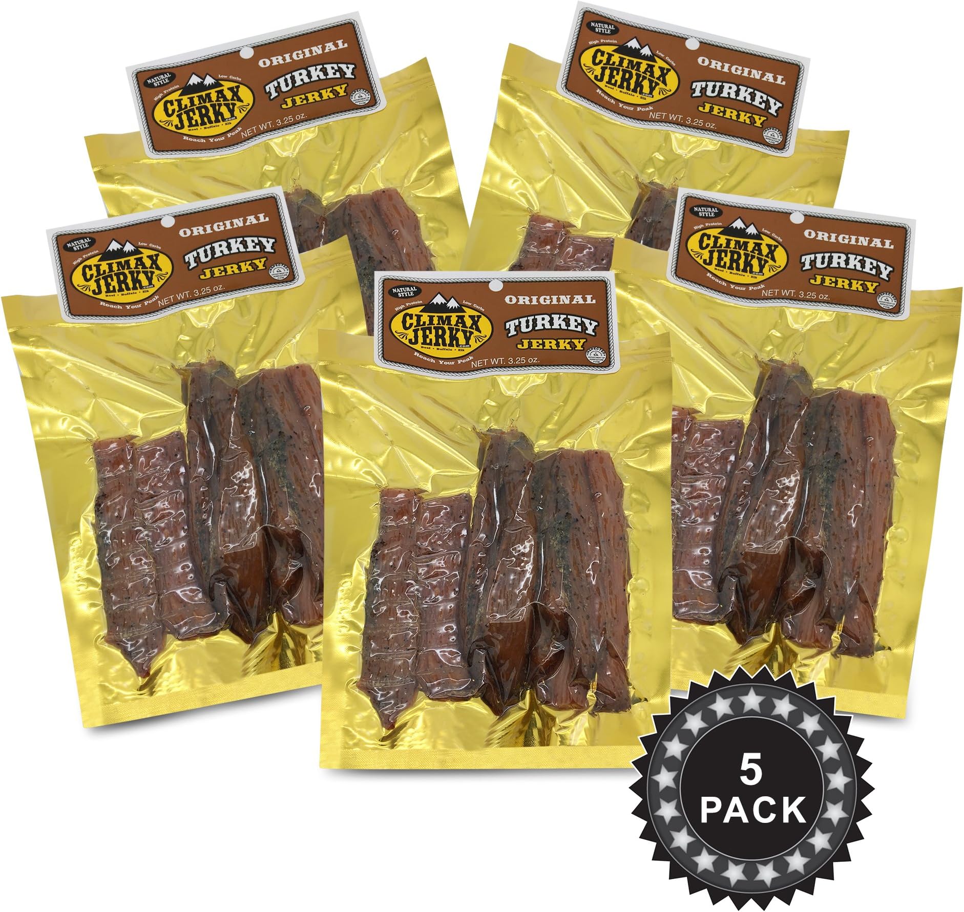 Climax Jerky BEST All Natural 3.25 OZ. Smoked Turkey Jerky – Tender and Juicy - No Preservatives - High Protein - Low Carbs (Smoked Turkey, Smoked Turkey 5 Pack)