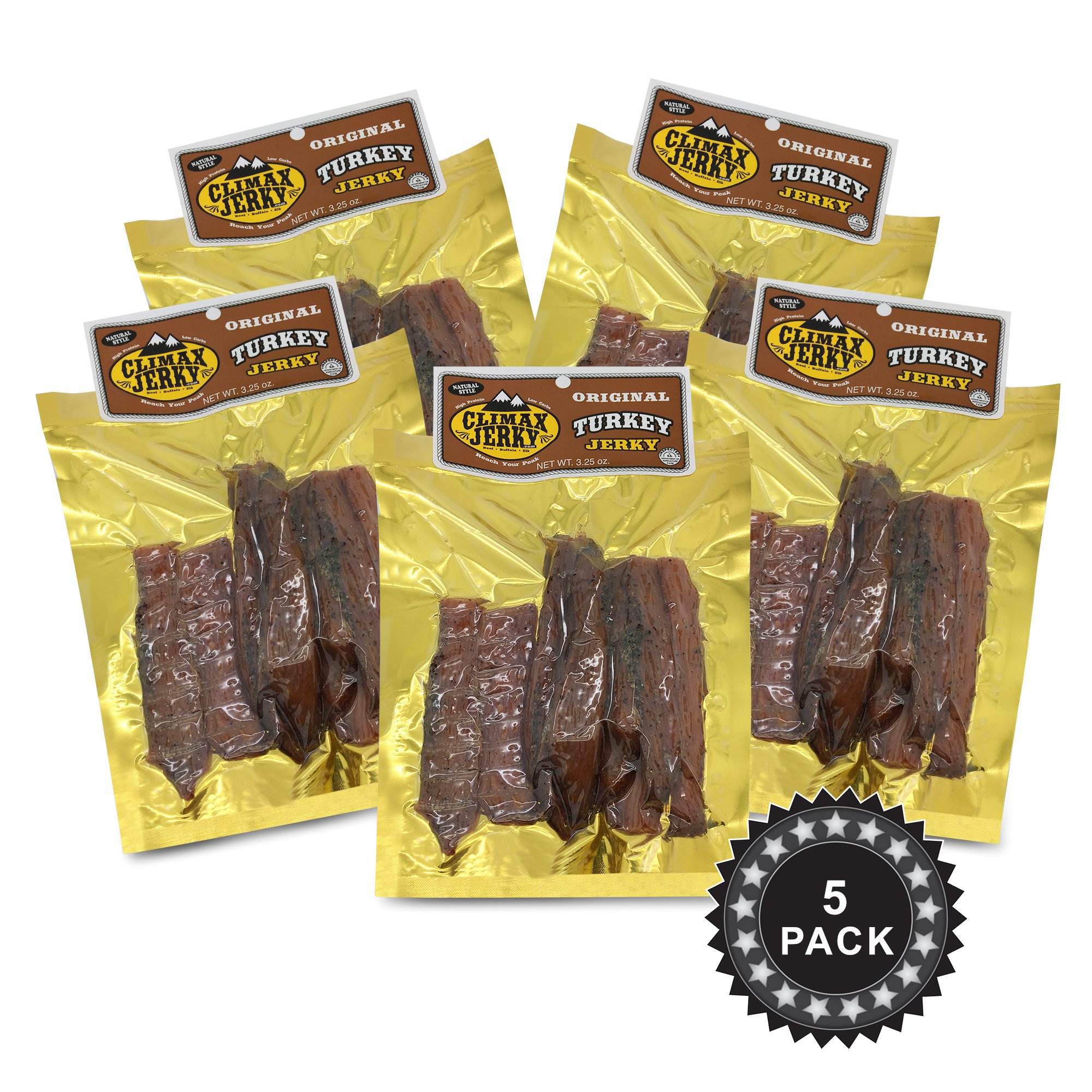 Climax Jerky BEST All Natural 3.25 OZ. Smoked Turkey Jerky – Tender and Juicy - No Preservatives - High Protein - Low Carbs (Smoked Turkey, Smoked Turkey 5 Pack)