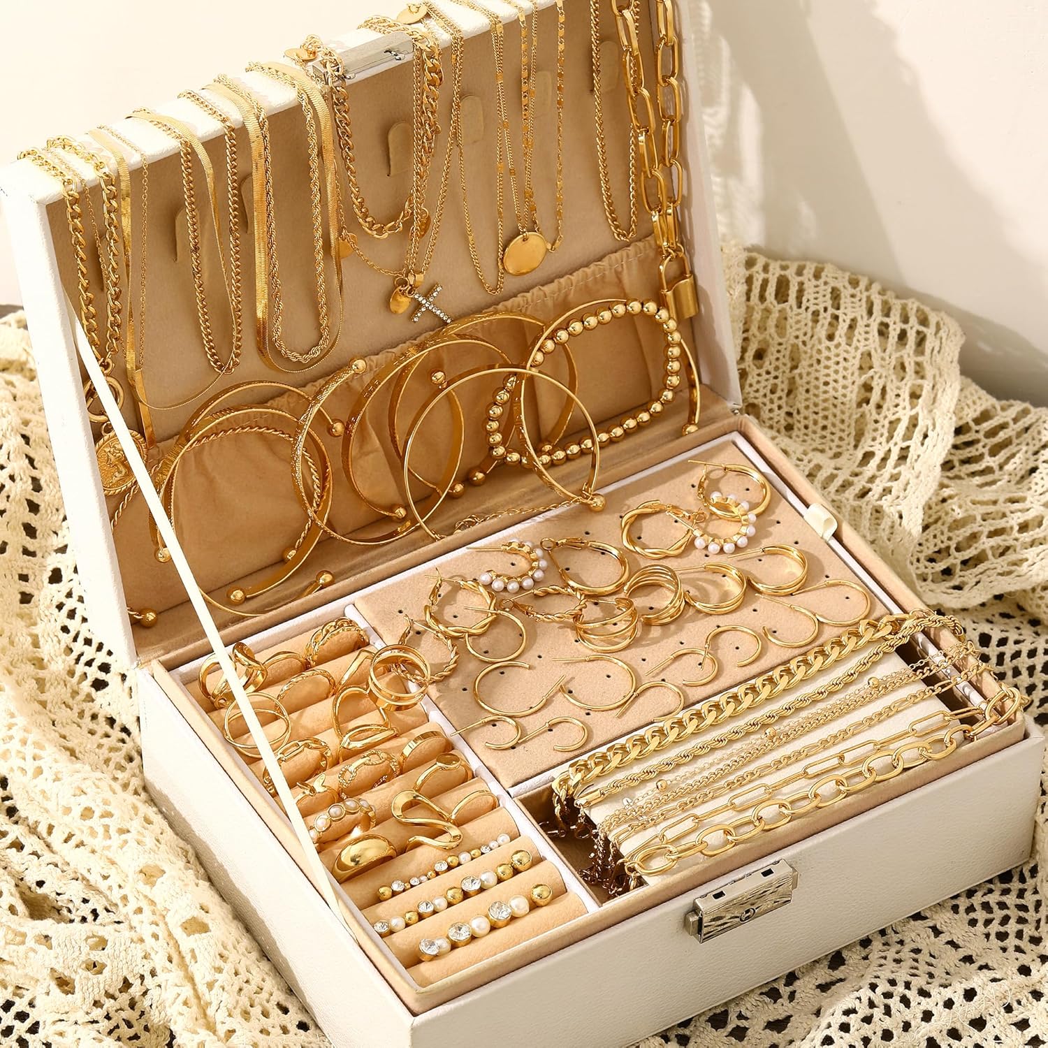 FAXHION 68 Pcs Gold Jewelry Set for Women with 7 Necklace, 17 Bracelet, 5 Hoop Earrings, 15 Stud Earrings, 24 Knuckle Rings for Women Jewelry Set for Women - Image 7