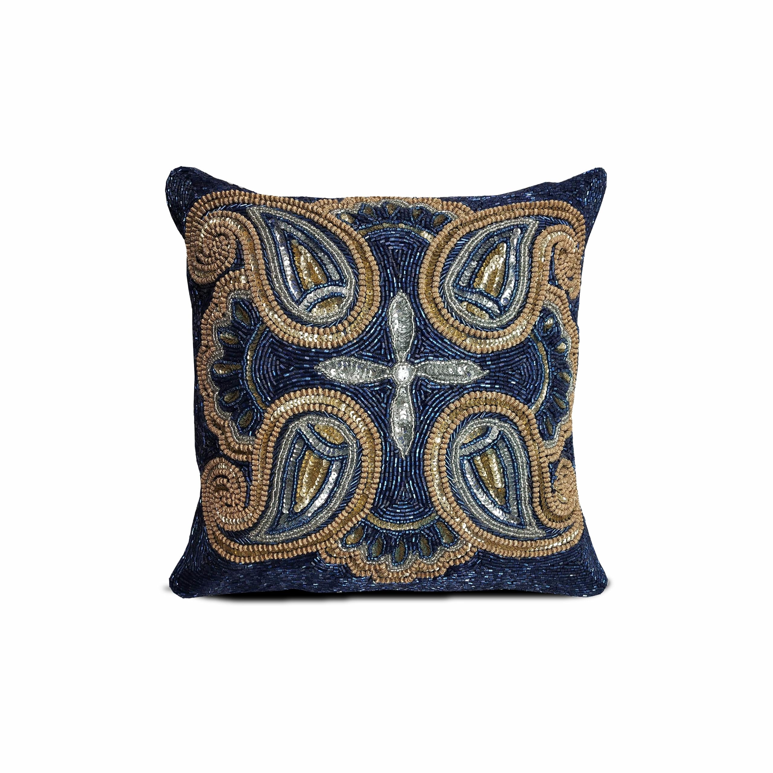 Mini Paisely Handmade Cushion Covers, Sequins Beaded Spiral Glitter Pillows Cover, 14"x14" Cushion Covers, Square Pillows Covers for sofa, throws & Couch, Contemporary Pillow Cases- Navy Silver Gold