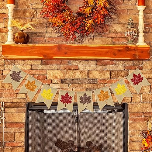 Miniatura 4 de Cartel de arpillera de otoño con purpurina de hoja de arce premontado, guirnalda rústica para colgar en otoño, día de Acción de Gracias, decoración