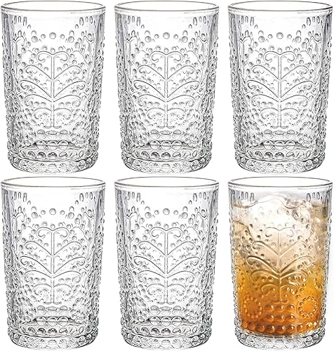 Miniatura 1 de Okllen Paquete de 6 vasos de agua románticos vasos transparentes de 12 onzas en relieve juego de cristalería vintage para jugos whisky bebidas