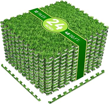 Sorbus Grass Foam Floor Tiles - 12 Interlocking Mats of 24"X24 Total of 48 Sq Ft for Kids Outdoor Toys, Playroom, Deck, Patio, Basement Home Gym - Artificial Carpet Grass Turf Indoor Outdoor Flooring