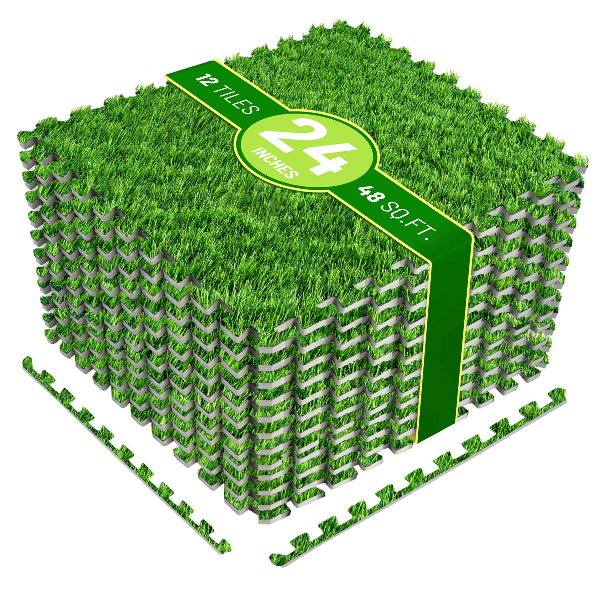 Sorbus Grass Mat Interlocking Grass Tiles – Soft Artificial Carpet Grass Turf – Multipurpose Fake Grass Flooring – for Deck, Patio, Playrooms, Borders Included (12 Tiles,48 Sq ft)