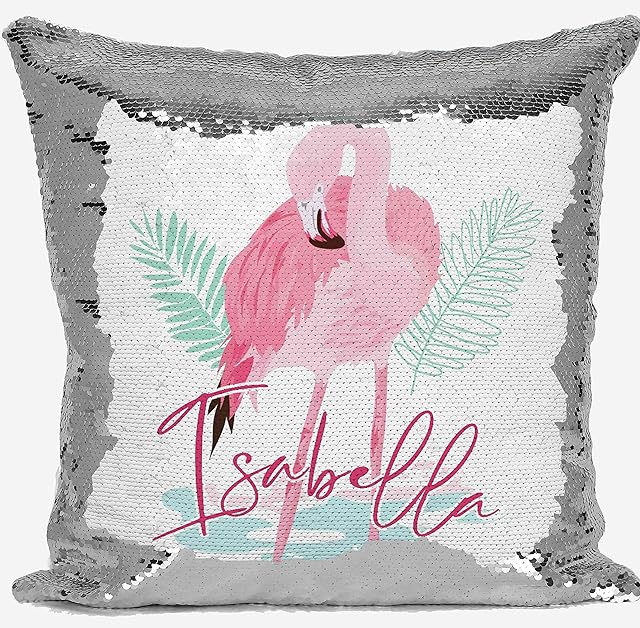 DAILY GIFTS Personalised Flamingo Any Name Magic Reveal Silver Sequin Cushion Cover Gift 1 (Case Only)