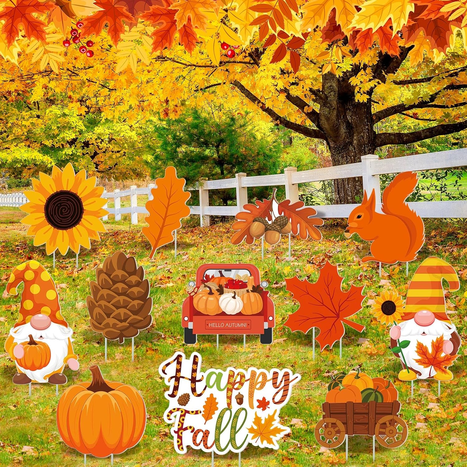 Threehoney 12 Pcs Thanksgiving Yard Signs with Stakes Outdoor Thanksgiving Yard Sign Fall Harvest Pumpkin Lawn Decorations Gnome Maple Leaf Waterproof Decor for Home Garden Holiday Party Supplies